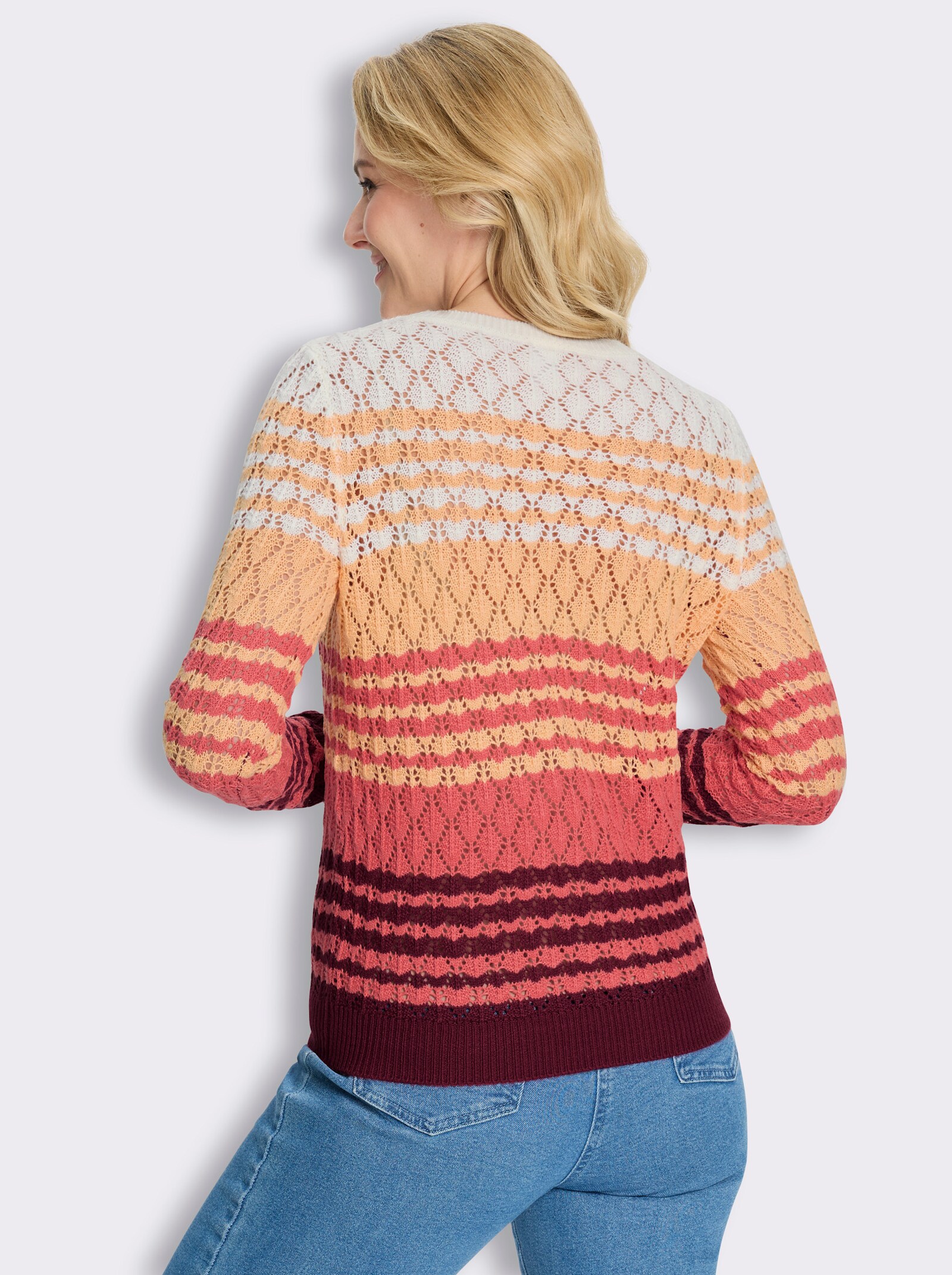 Ajourpullover mit Farbverlauf in Streifen-Optik - ecru-bordeaux-gemustert