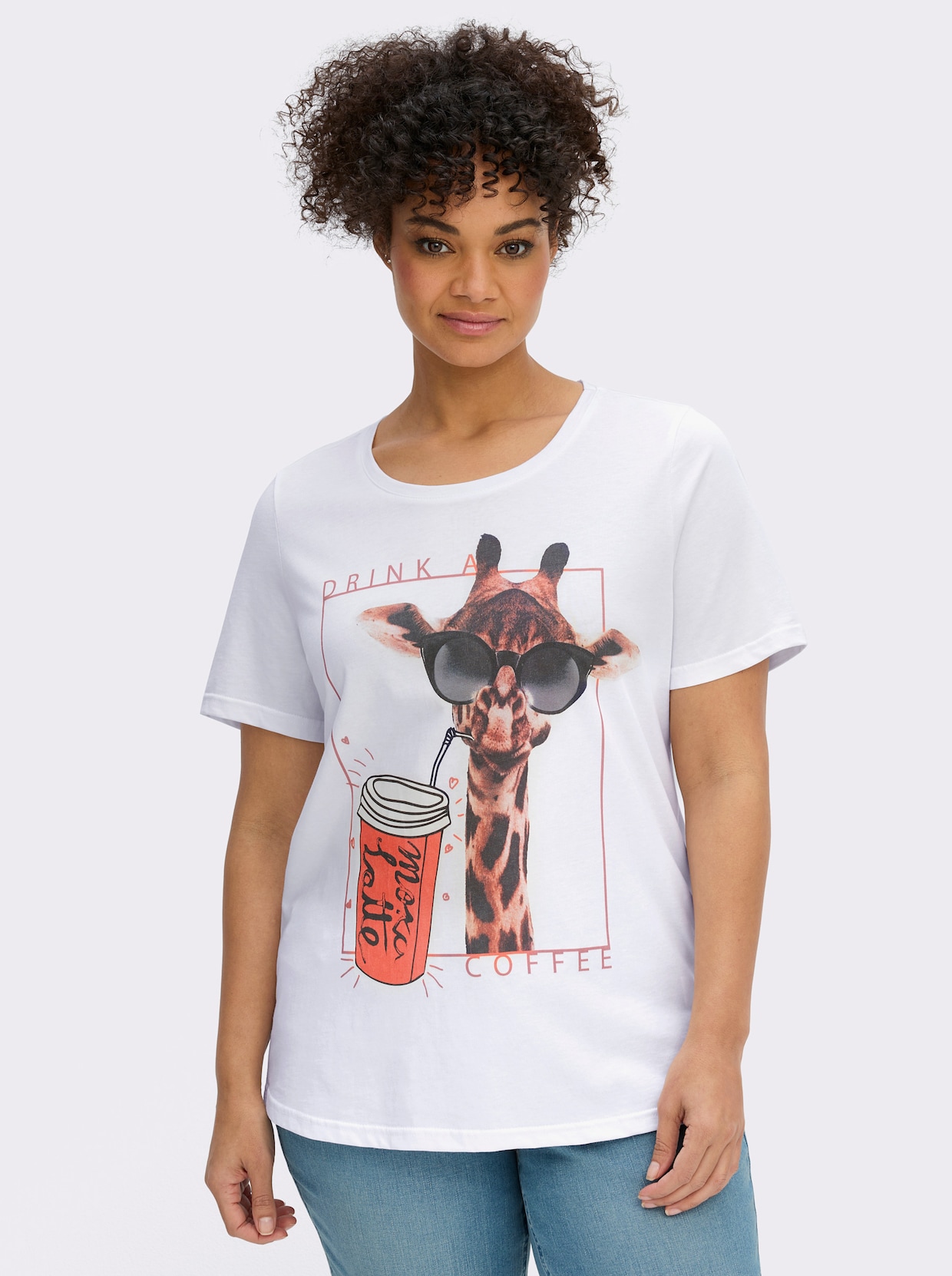 Kurzarmshirt mit Giraffen-Motiv - weiß-orange-bedruckt