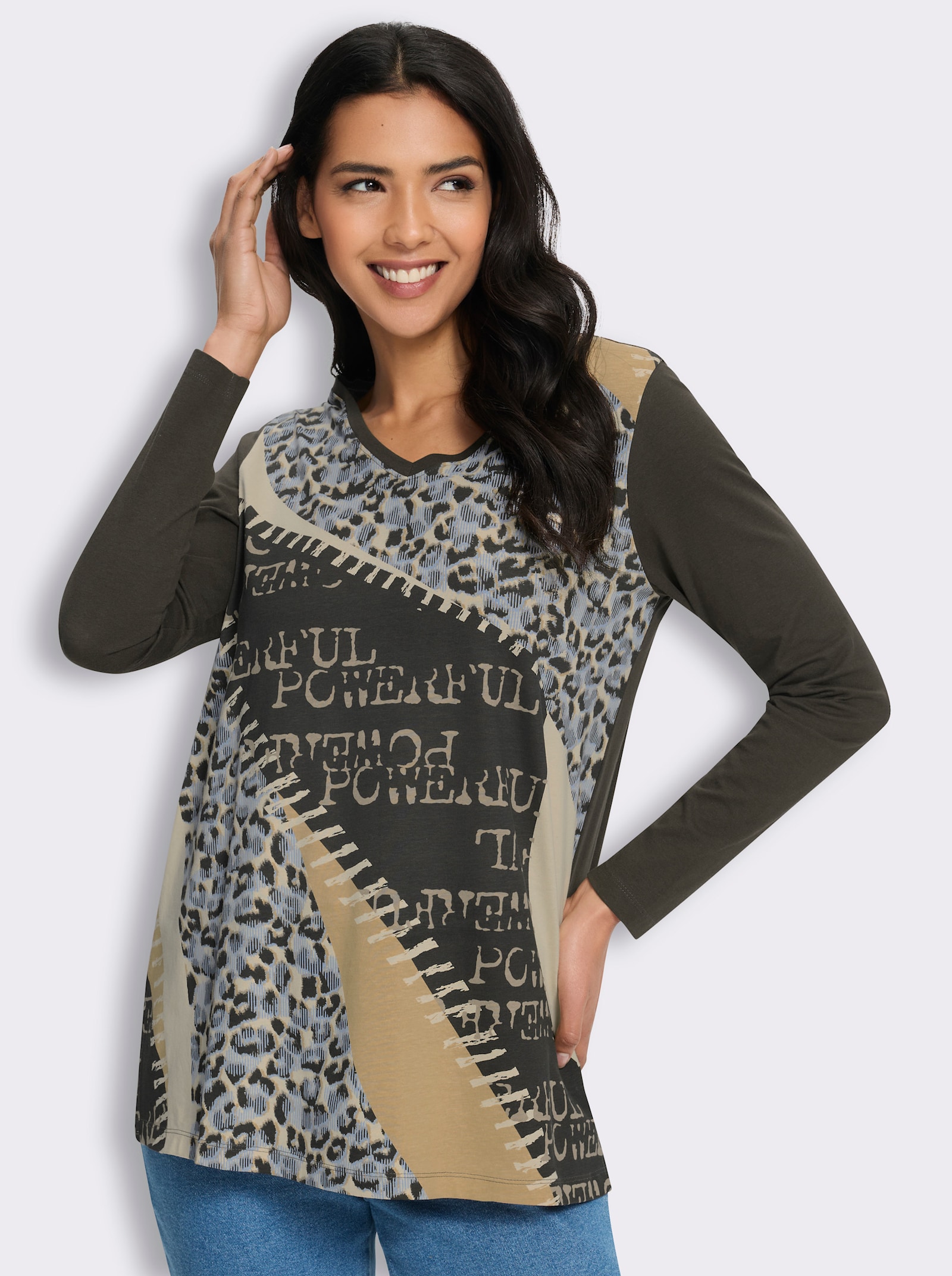 Longshirt mit Druck-Mix - graphit-camel-bedruckt