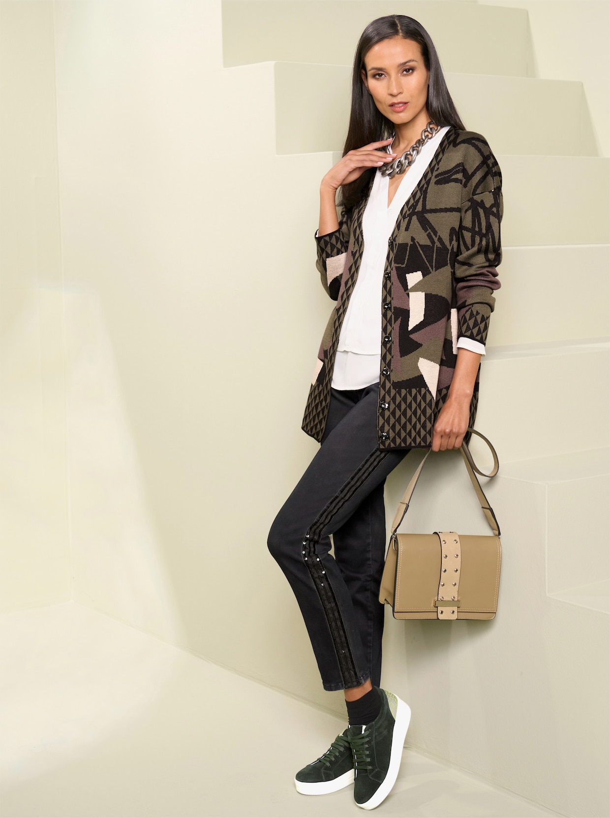 heine Jacquardvest - kaki/grafiet gedessineerd