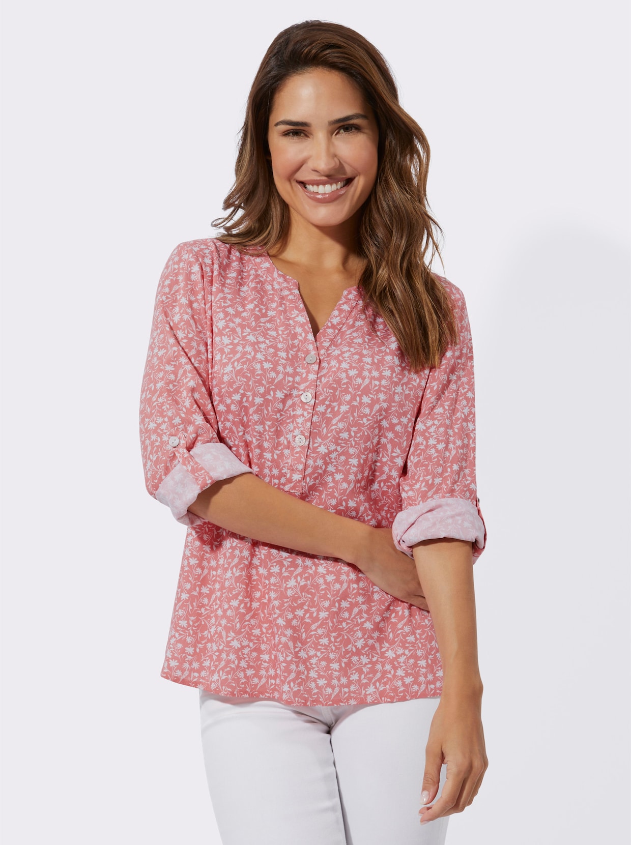 Langarm-Bluse - flamingo-weiss-bedruckt