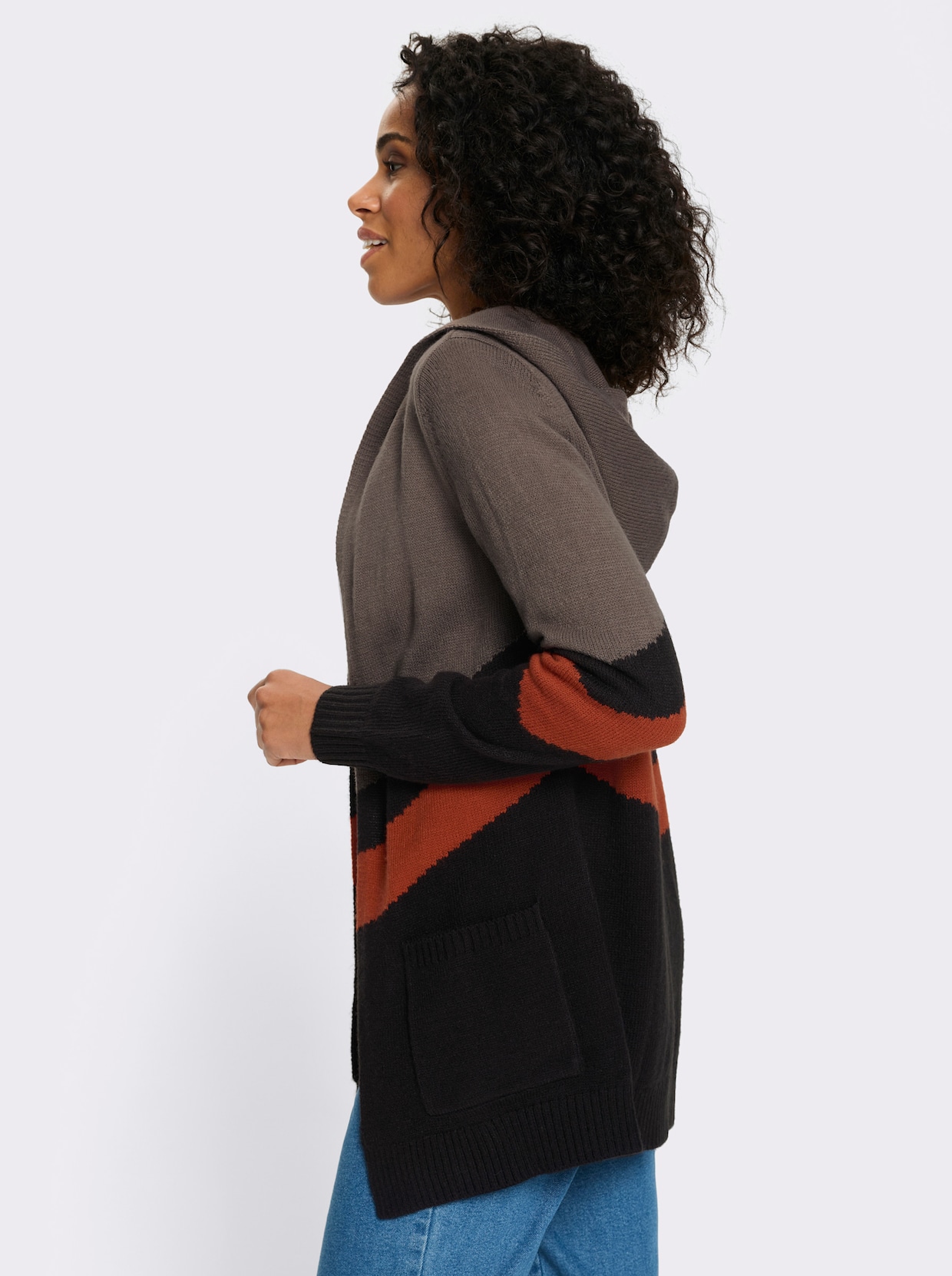 Longstrickjacke im Color-Blocking-Dessin - dunkeltaupe-schwarz-gemustert