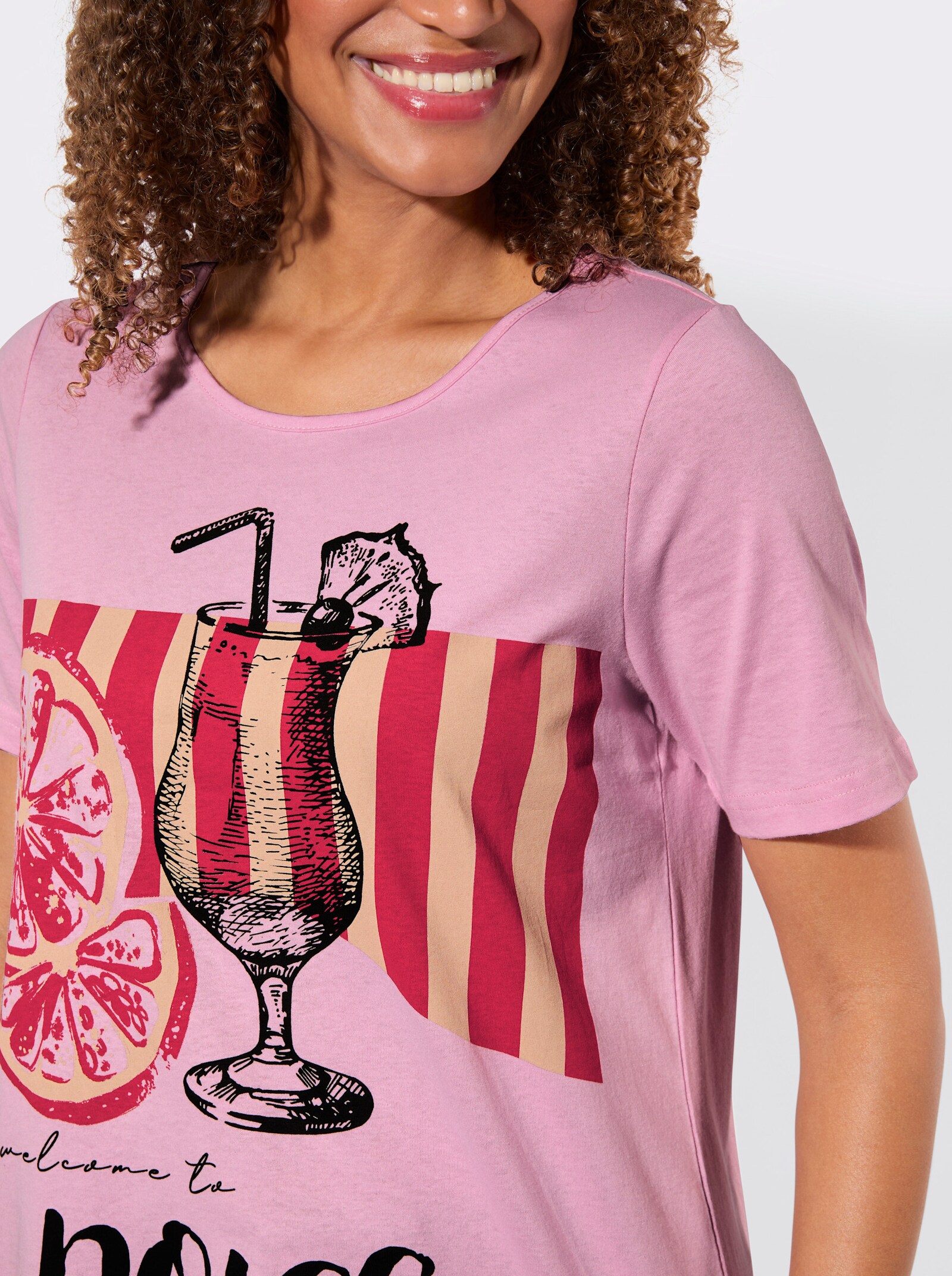 Kurzarmshirt mit asymmetrischem Saum - rosé-bedruckt