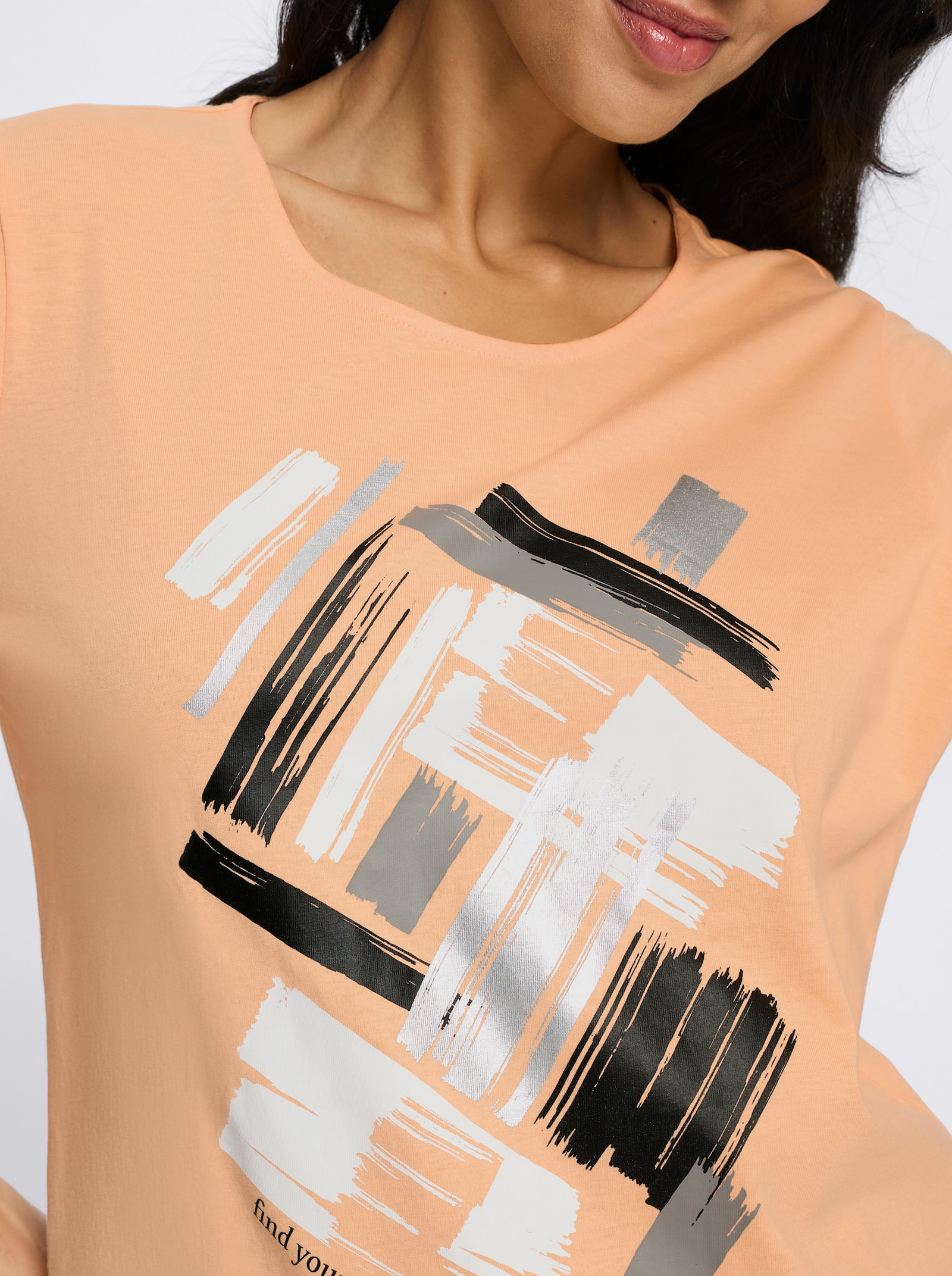 3/4-Arm-Shirt mit glänzendem Druck - apricot-schwarz