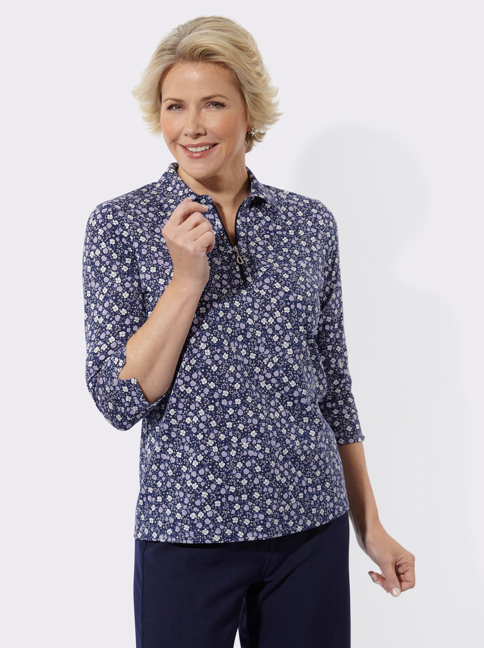 Poloshirt mit Glitzersteinchen - marine-lavendel-bedruckt