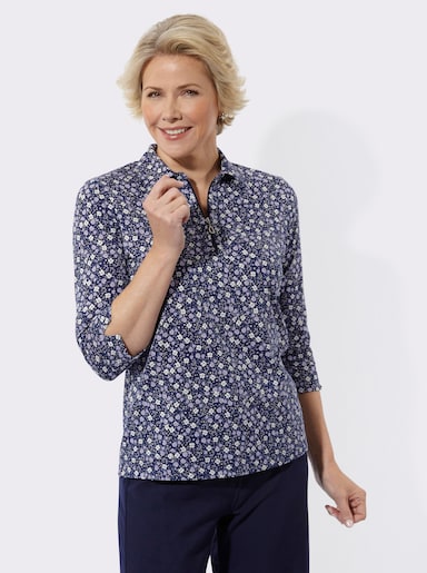 Poloshirt mit Glitzersteinchen - marine-lavendel-bedruckt