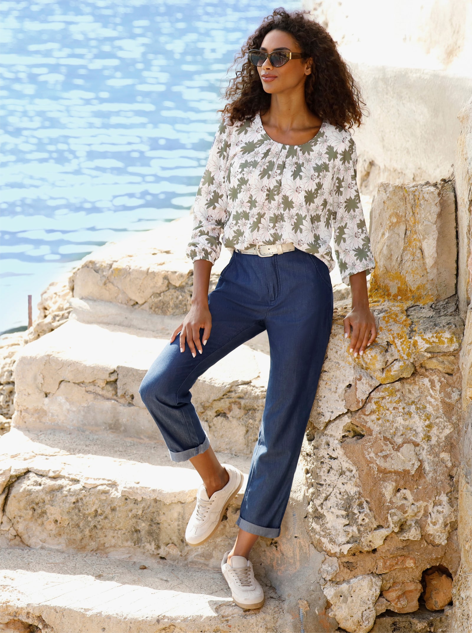 heine Schlupfbluse mit Jerseyfutter - weiss-oliv-bedruckt