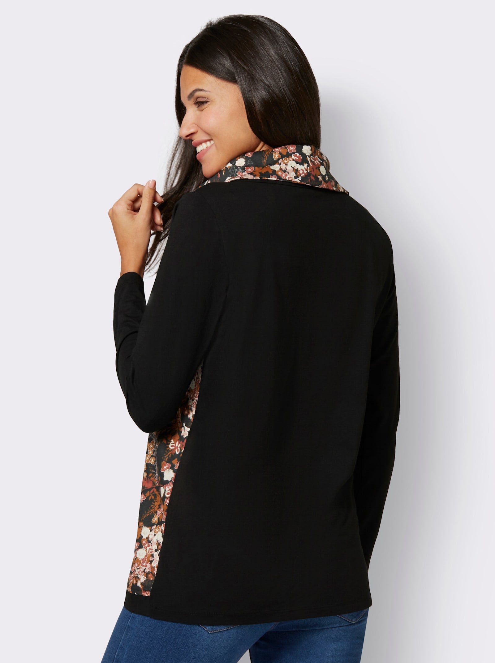 Longshirt mit floralem Druck - schwarz-cognac-bedruckt
