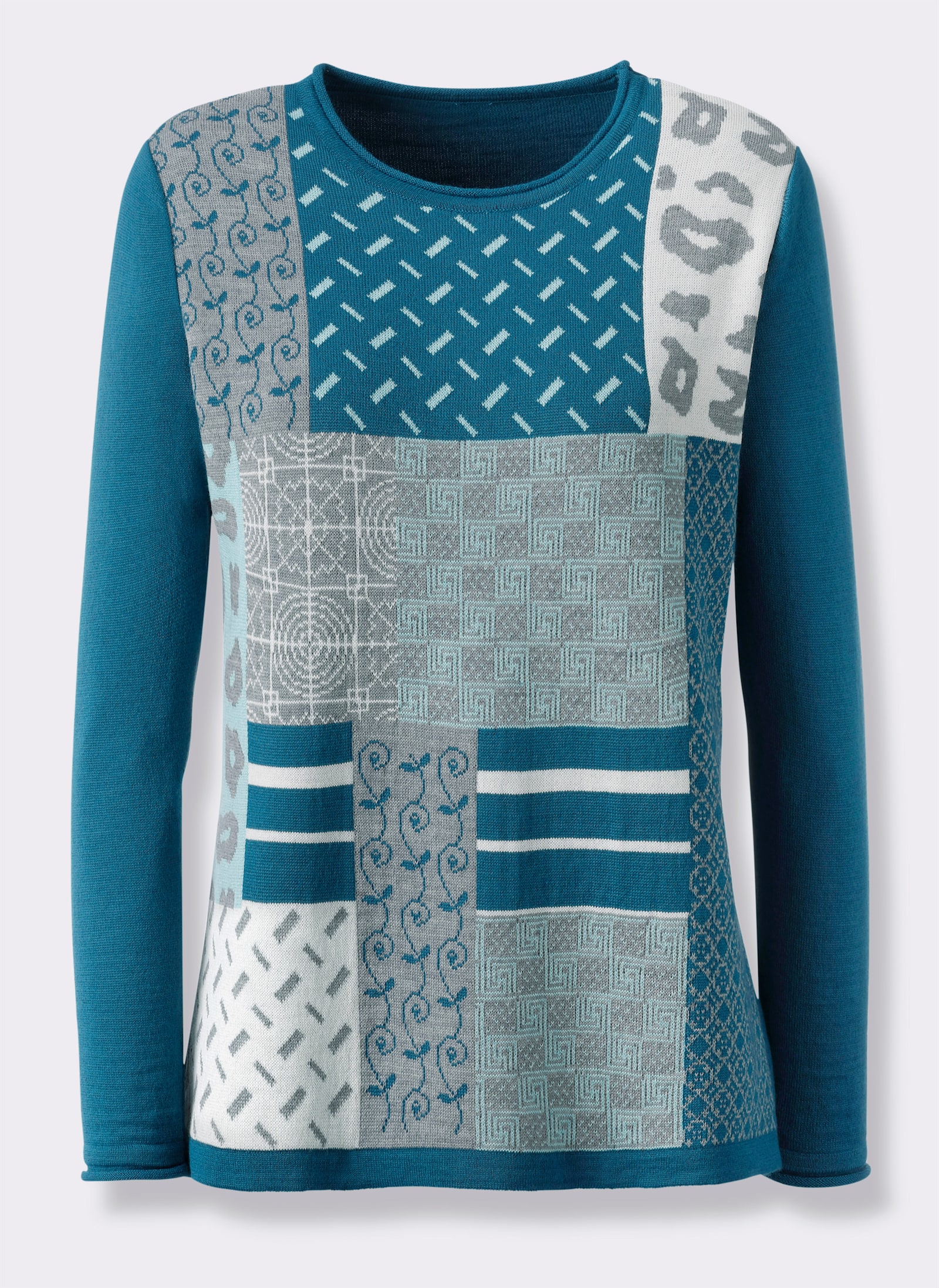 Jacquardpullover in Patch-Optik - topas-aquamarin-gemustert