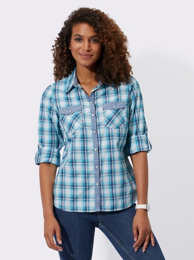 Karobluse mit aufgesetzten Brusttaschen - türkis-weiß-kariert