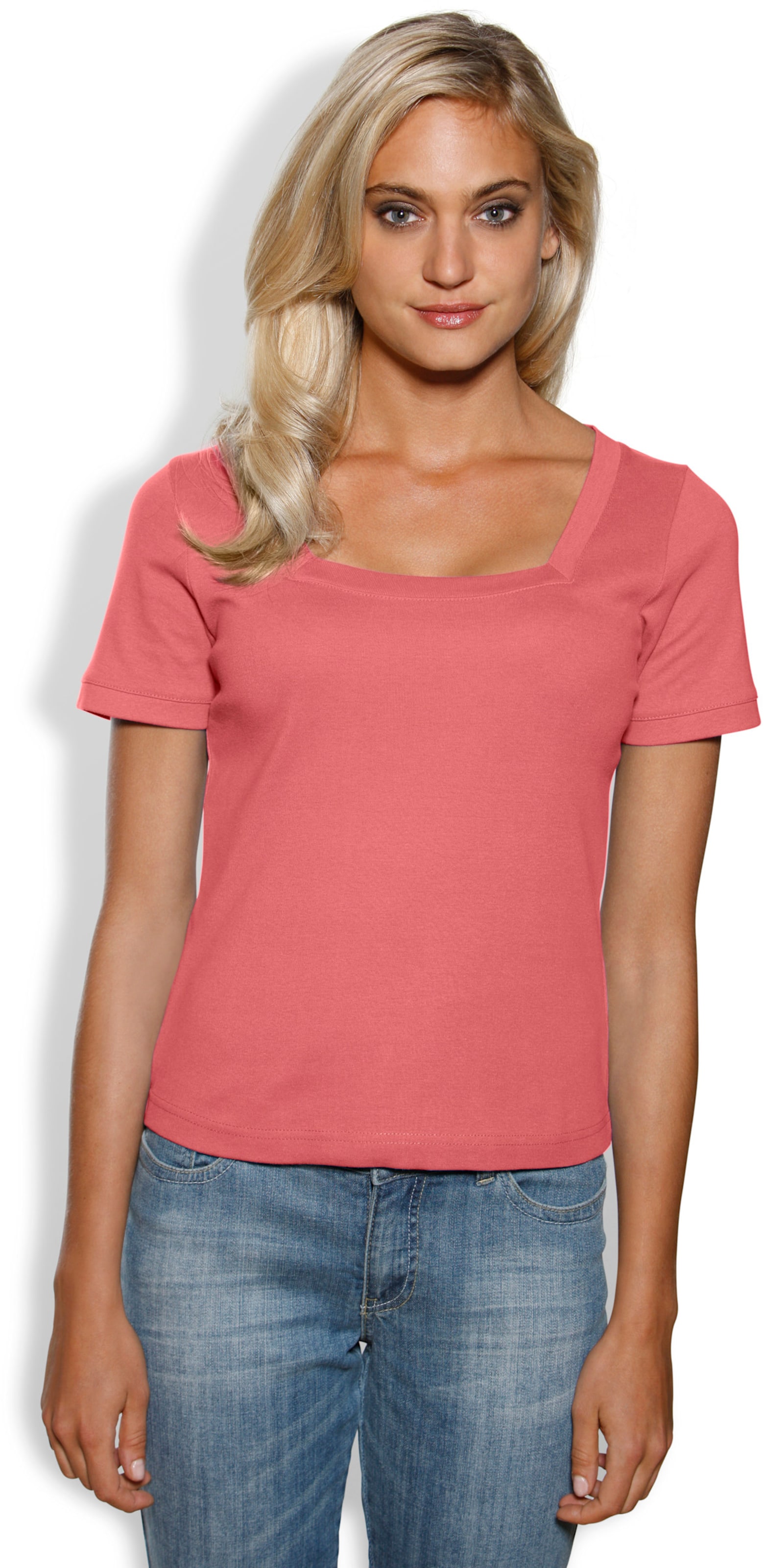 Figur mit günstig Kaufen-Carré-Shirt in koralle von heine. Carré-Shirt in koralle von heine <![CDATA[Carré-Shirt Mit großzügigem Ausschnitt. Aus trageangenehmer, feiner Rippenware. Figurbetonte Form.]]>. 