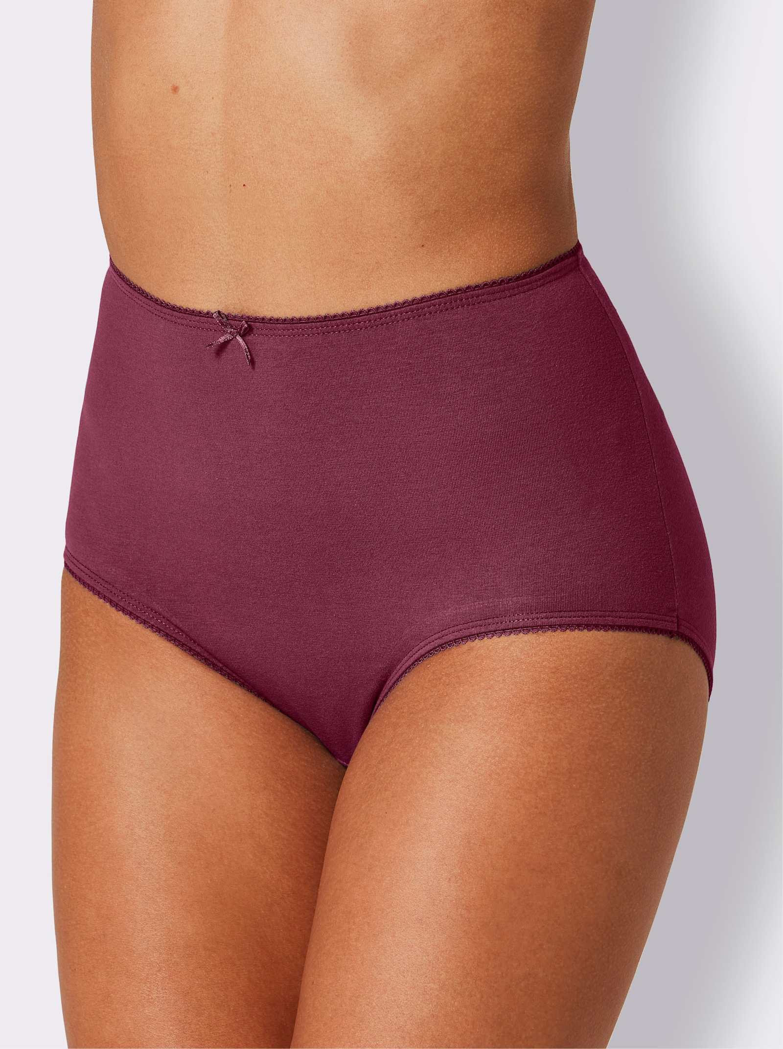 wäschepur Taillenslip mit Mäusezähnchen-Spitze - 2x rauchblau-bedruckt + 1x rauchblau + 1x bordeaux