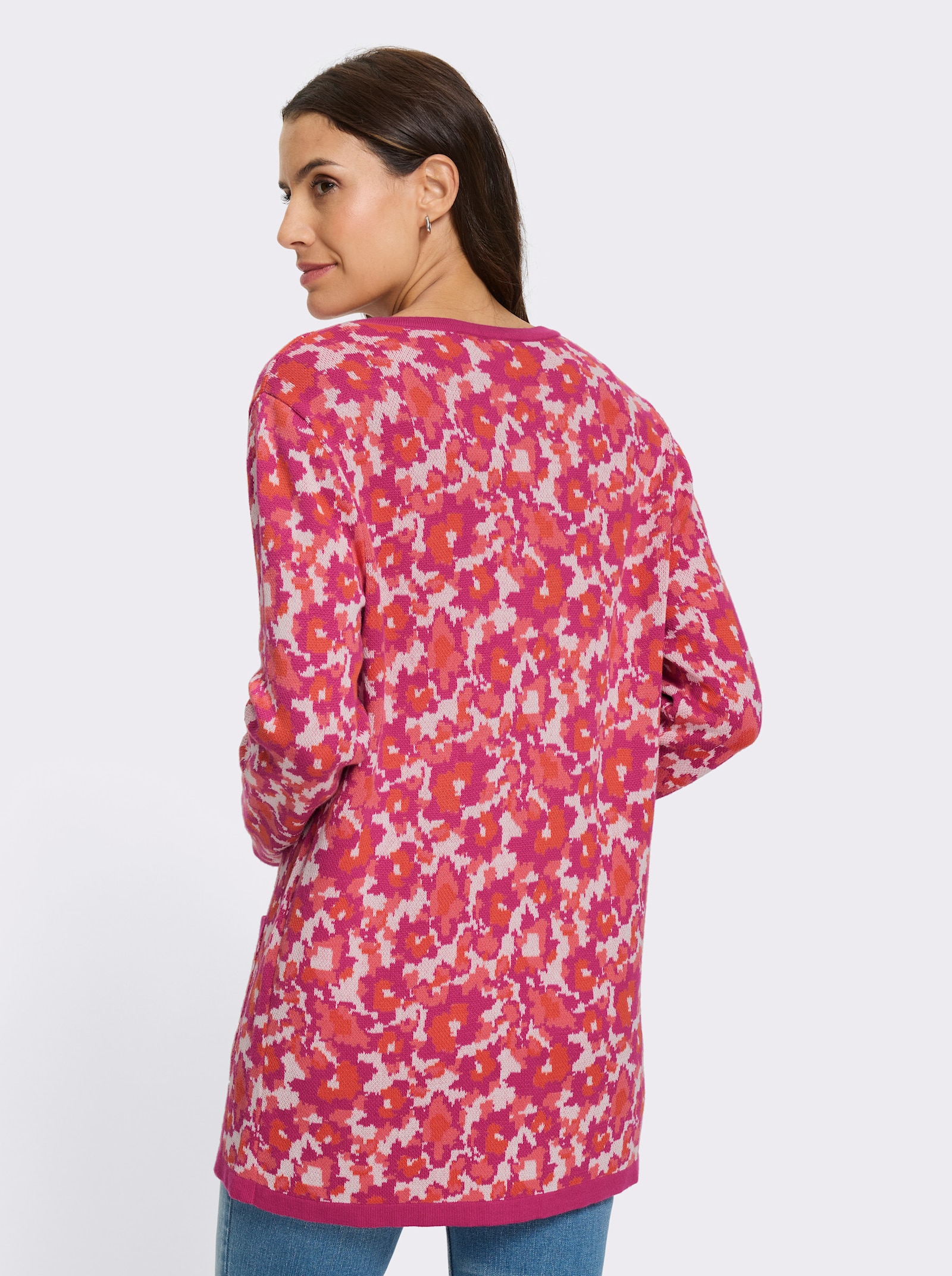 Jacquardstrickjacke mit 2 Taschen - fuchsia-koralle-gemustert