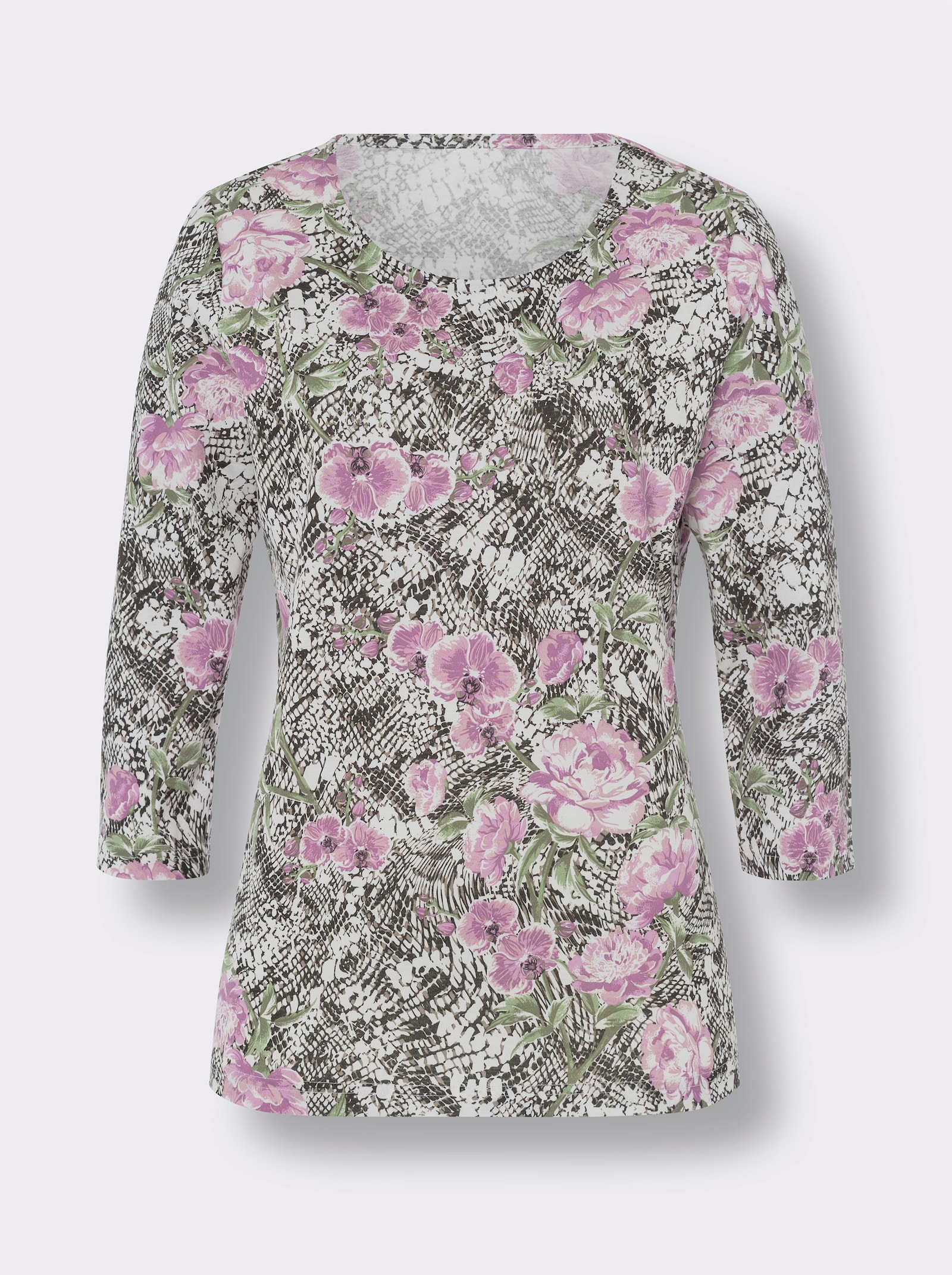 3/4-Arm-Shirt im floralen Dessin - ecru-schwarz-bedruckt