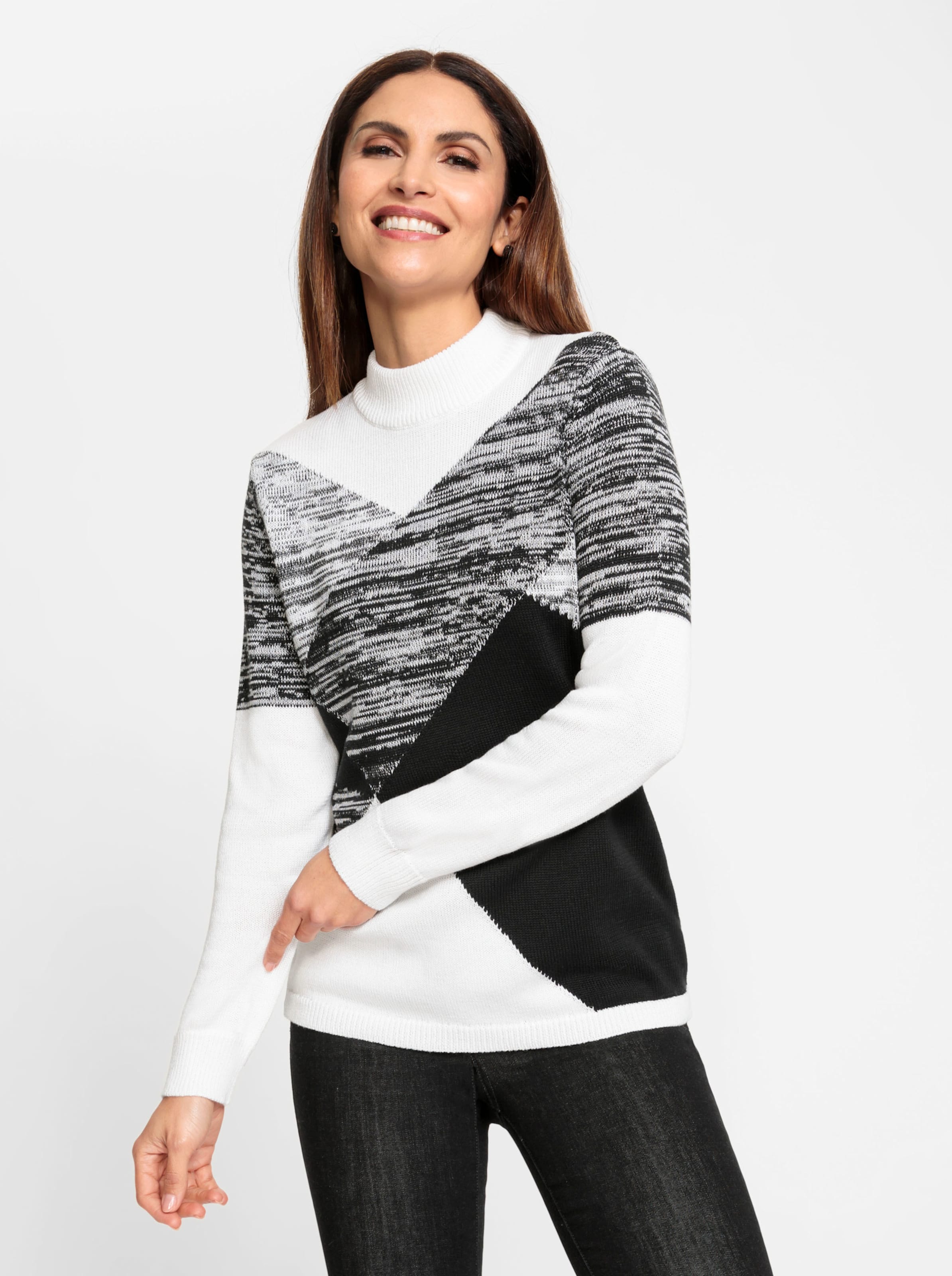 Sie den günstig Kaufen-Pullover in weiß-schwarz-gemustert von heine. Pullover in weiß-schwarz-gemustert von heine <![CDATA[Das Intarsienmuster mit Melange-Partien macht den Pullover so besonders. Ripp-Abschlüsse am Stehkragen, an den langen Ärmeln und am Saum. Rück