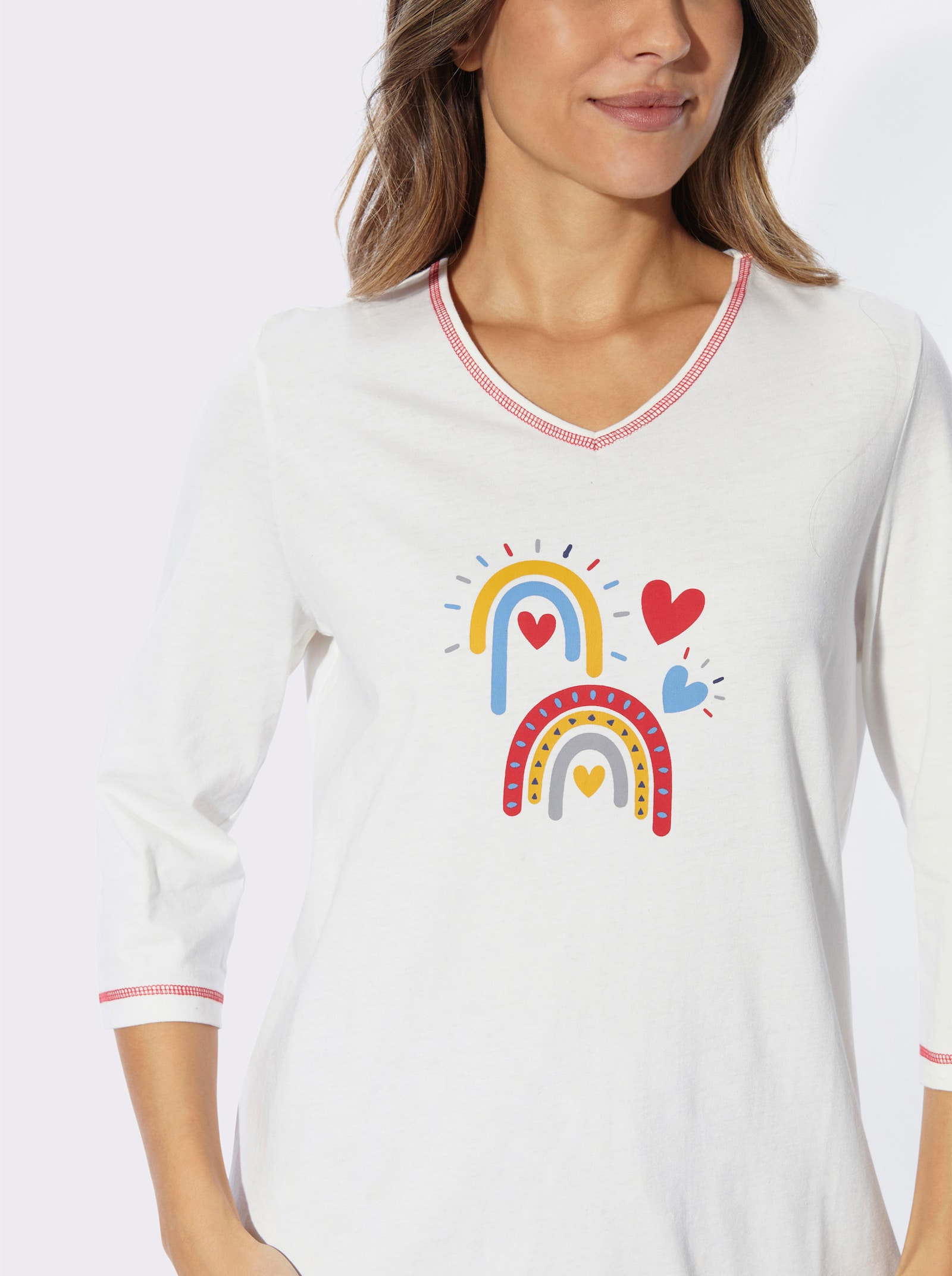 Schlafanzug mit Kontrastnähten - ecru-steingrau-bedruckt