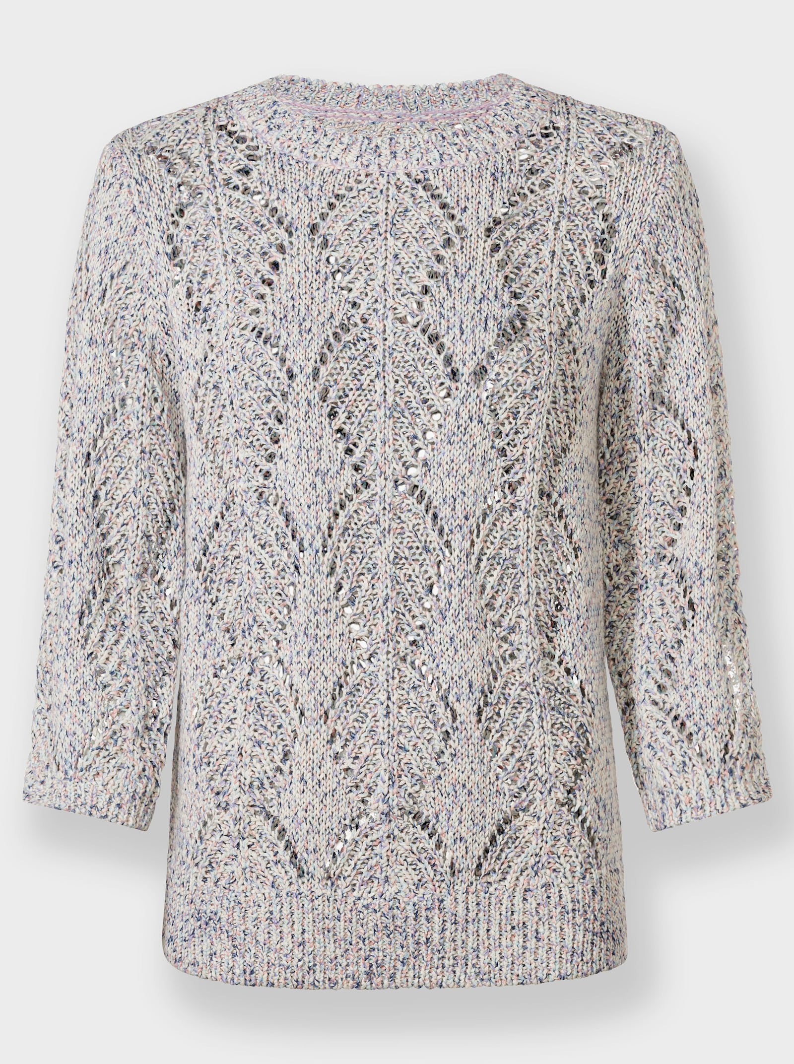 Ajourpullover mit Multicolor-Bändchengarn - ecru-rauchblau-meliert