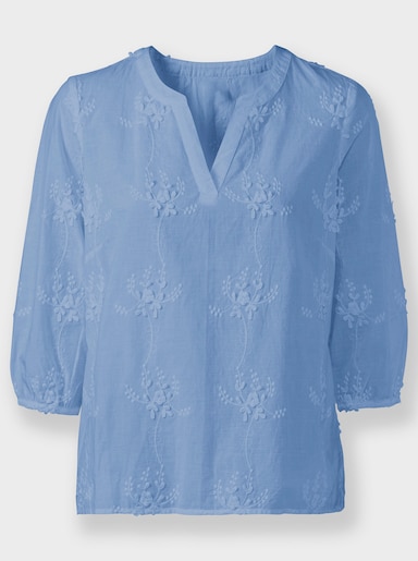  Baumwollbluse mit 3D-Blütenstickerei - himmelblau