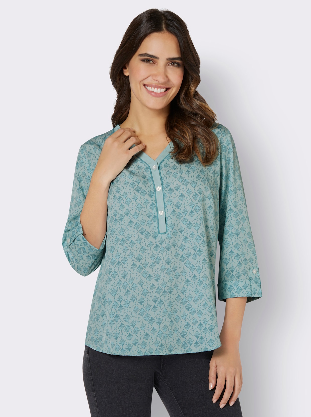 Comfortabele blouse - kalkmint/oceaan bedrukt