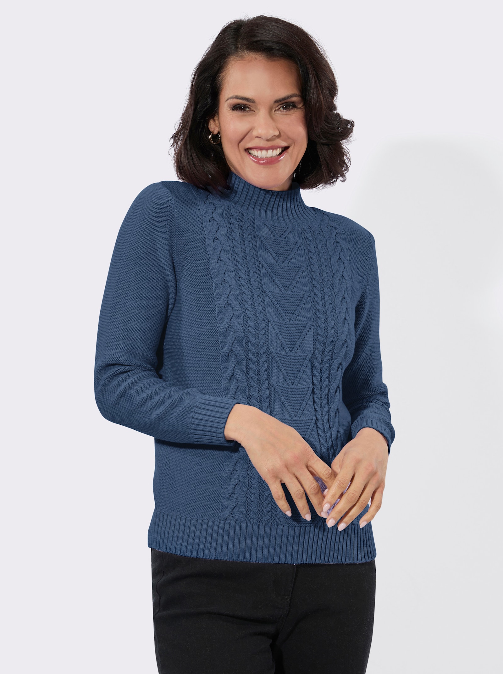 Stehkragenpullover mit gerippten Abschlüssen - jeansblau