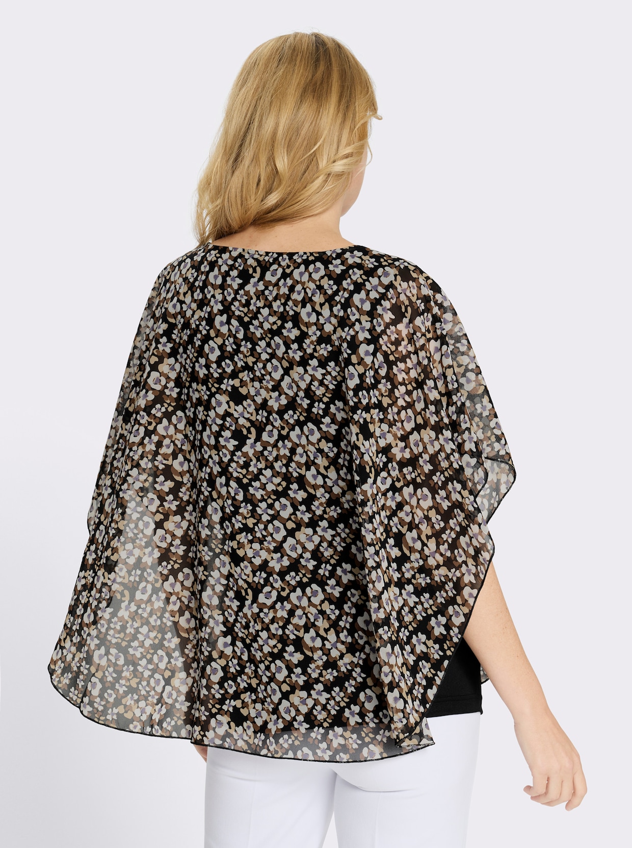 Schlupfbluse im Lagenlook - schwarz-braun-bedruckt