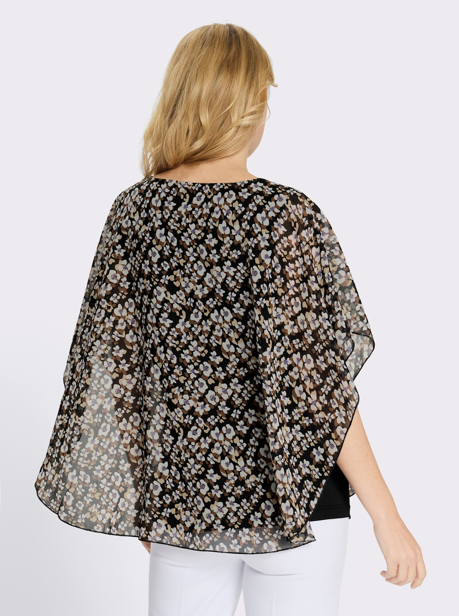 Schlupfbluse im Lagenlook - schwarz-braun-bedruckt