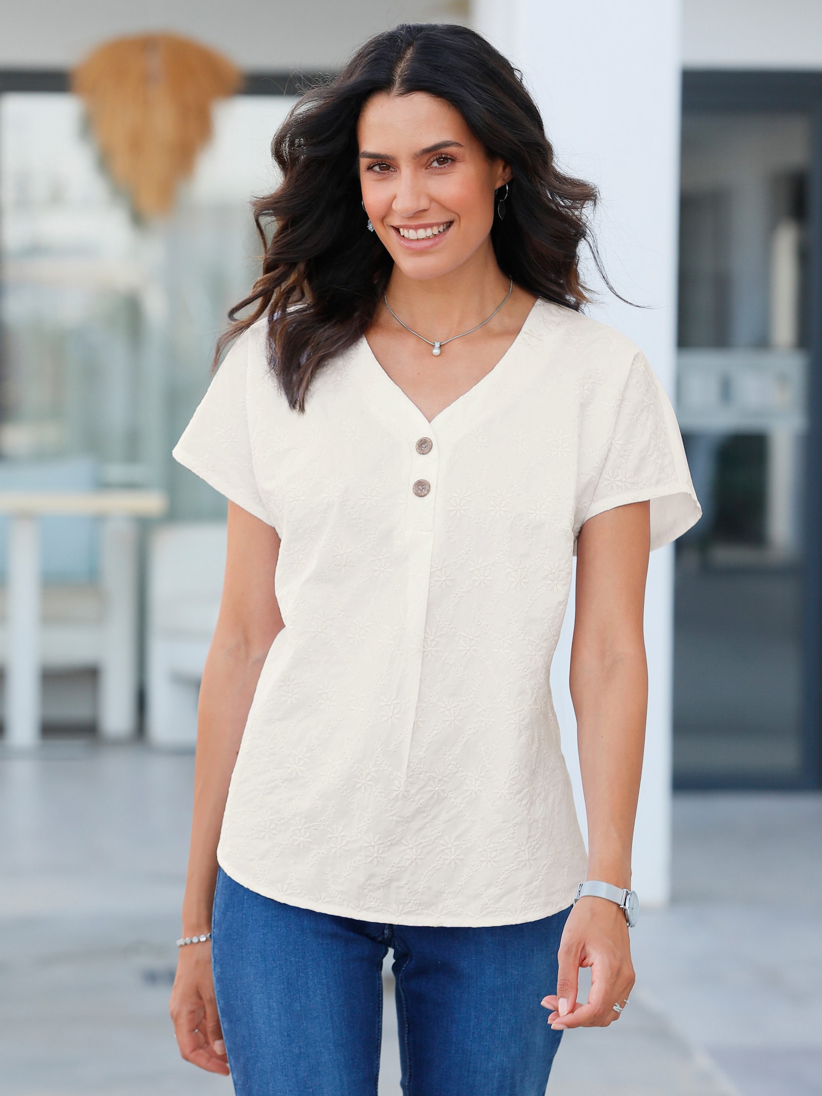 Baumwollbluse mit Zierknöpfen - ecru