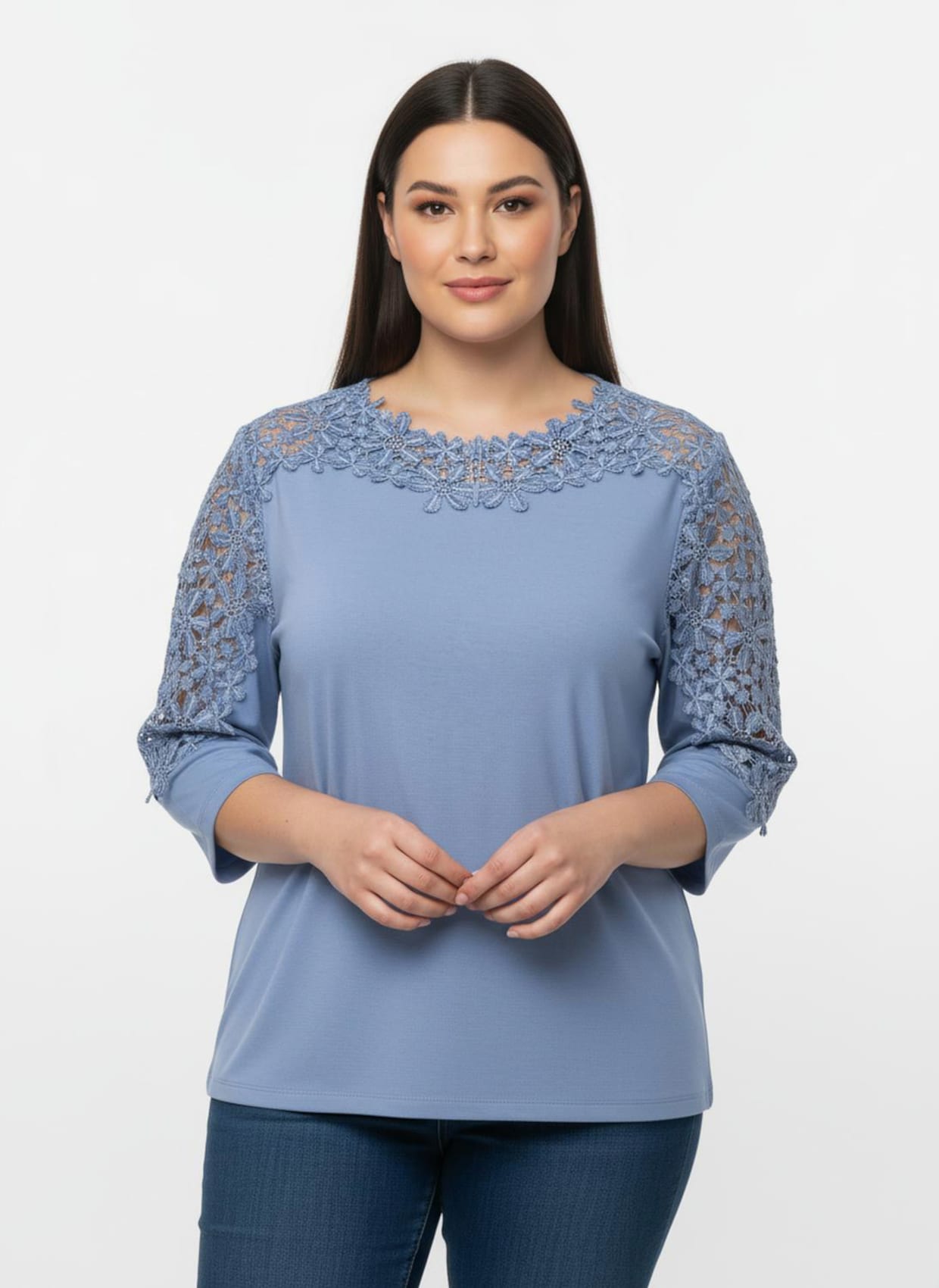 Spitzenshirt mit U-Boot-Ausschnitt - bleu