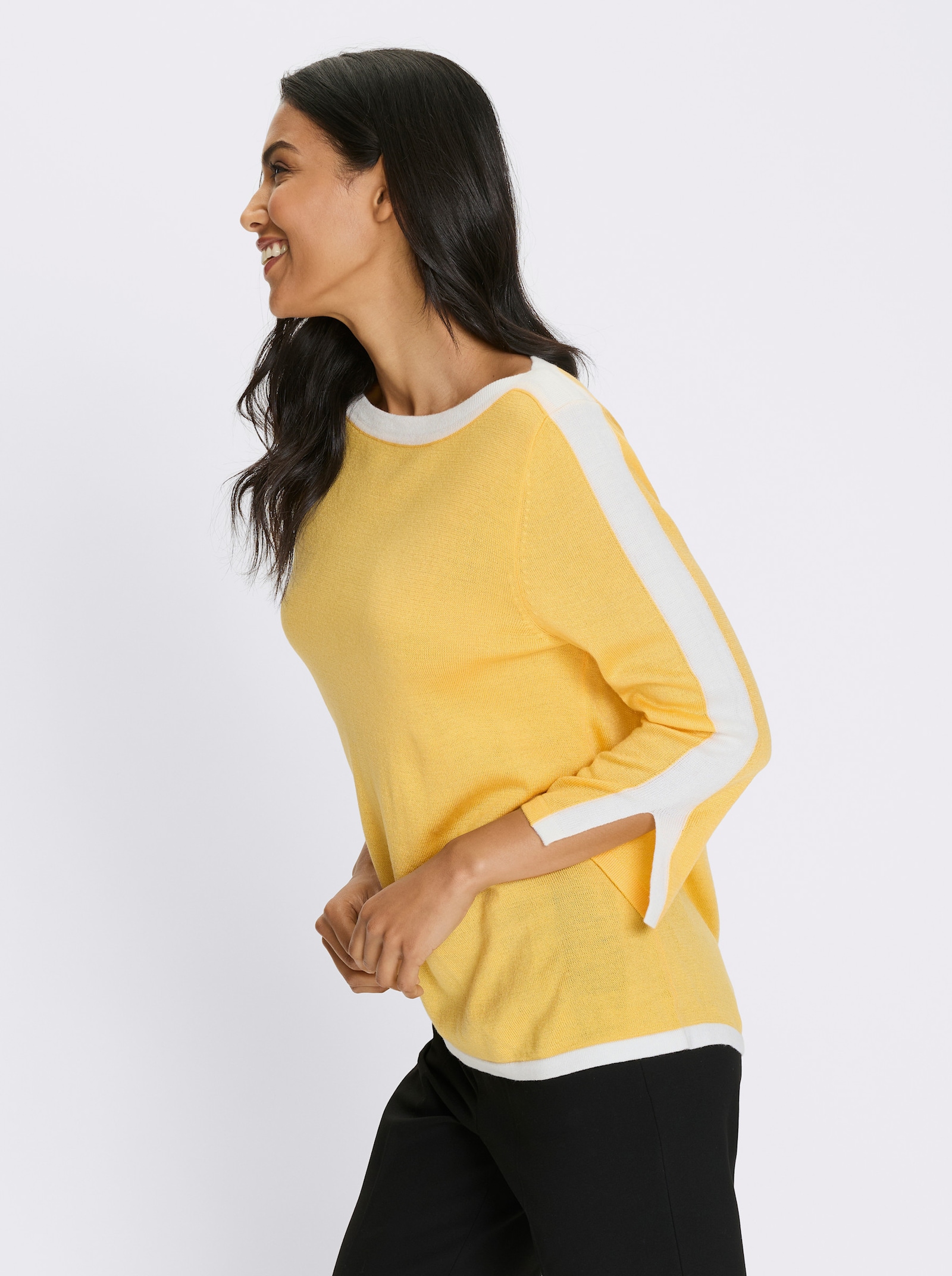 Pullover met 3/4-mouwen en contrastkleurige details - geel/wit