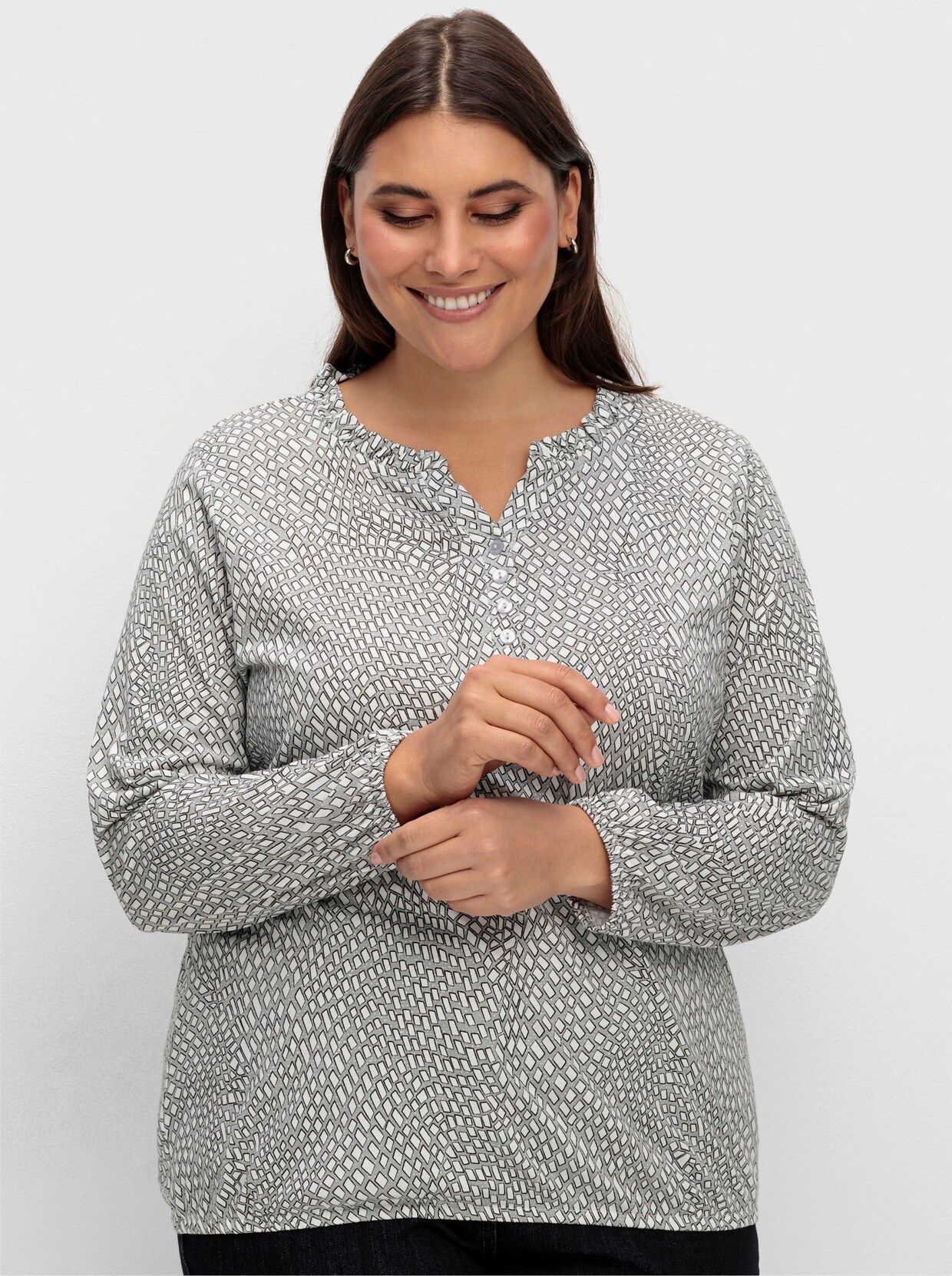 Langarmshirt - steingrau-ecru-bedruckt
