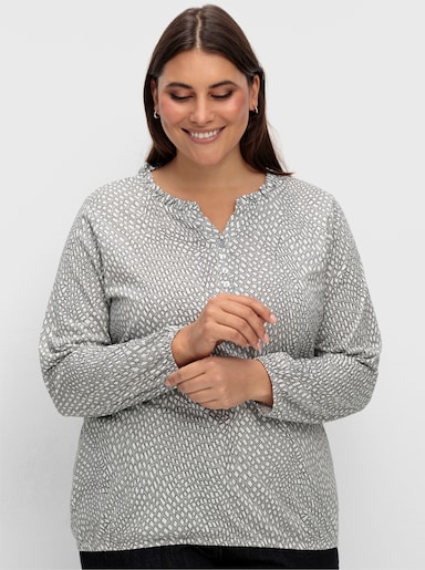 Langarmshirt im Material-Mix - steingrau-ecru-bedruckt