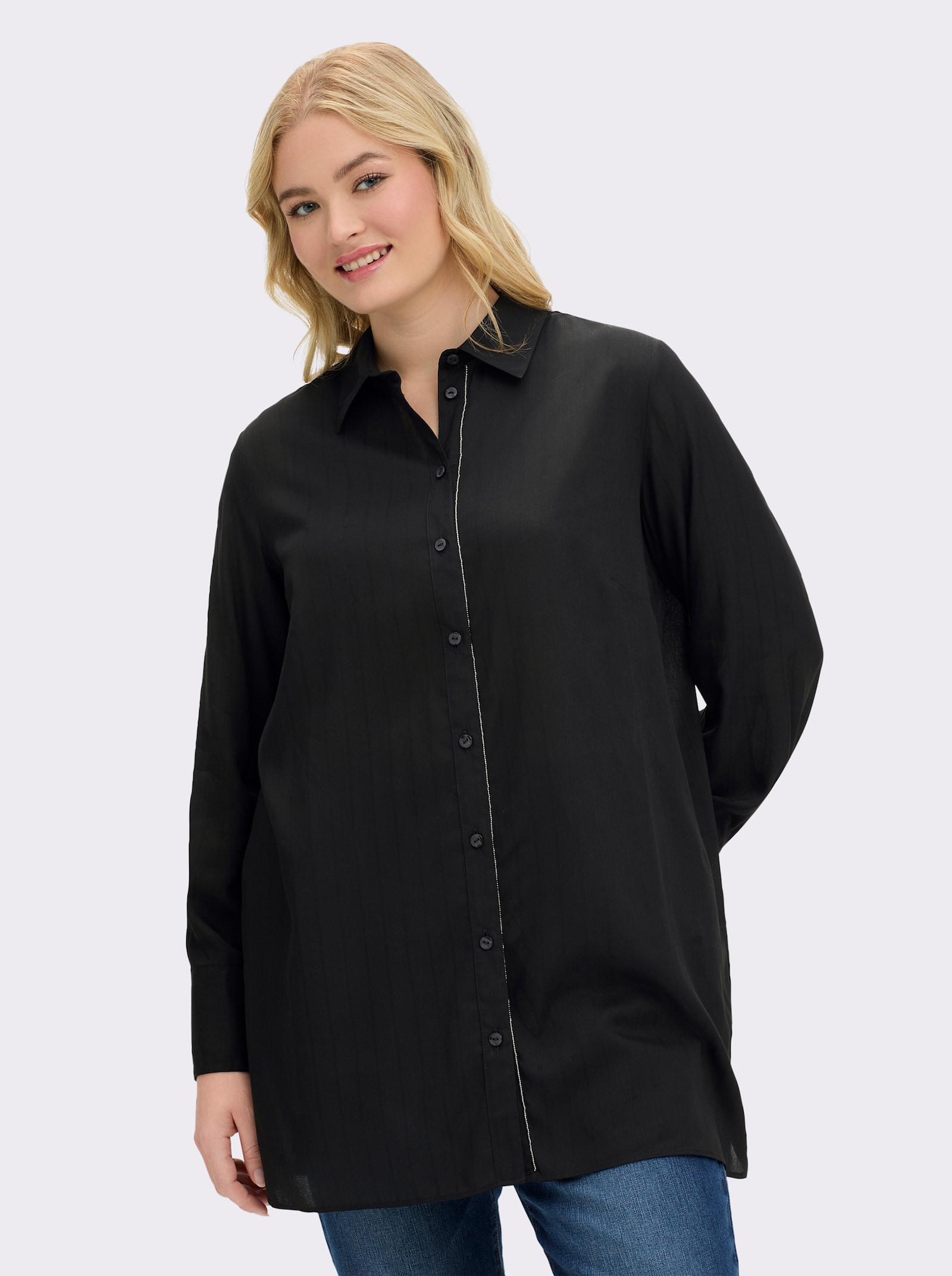 sheego Overhemdblouse met strepen en met band van glansgaren - zwart gestreept