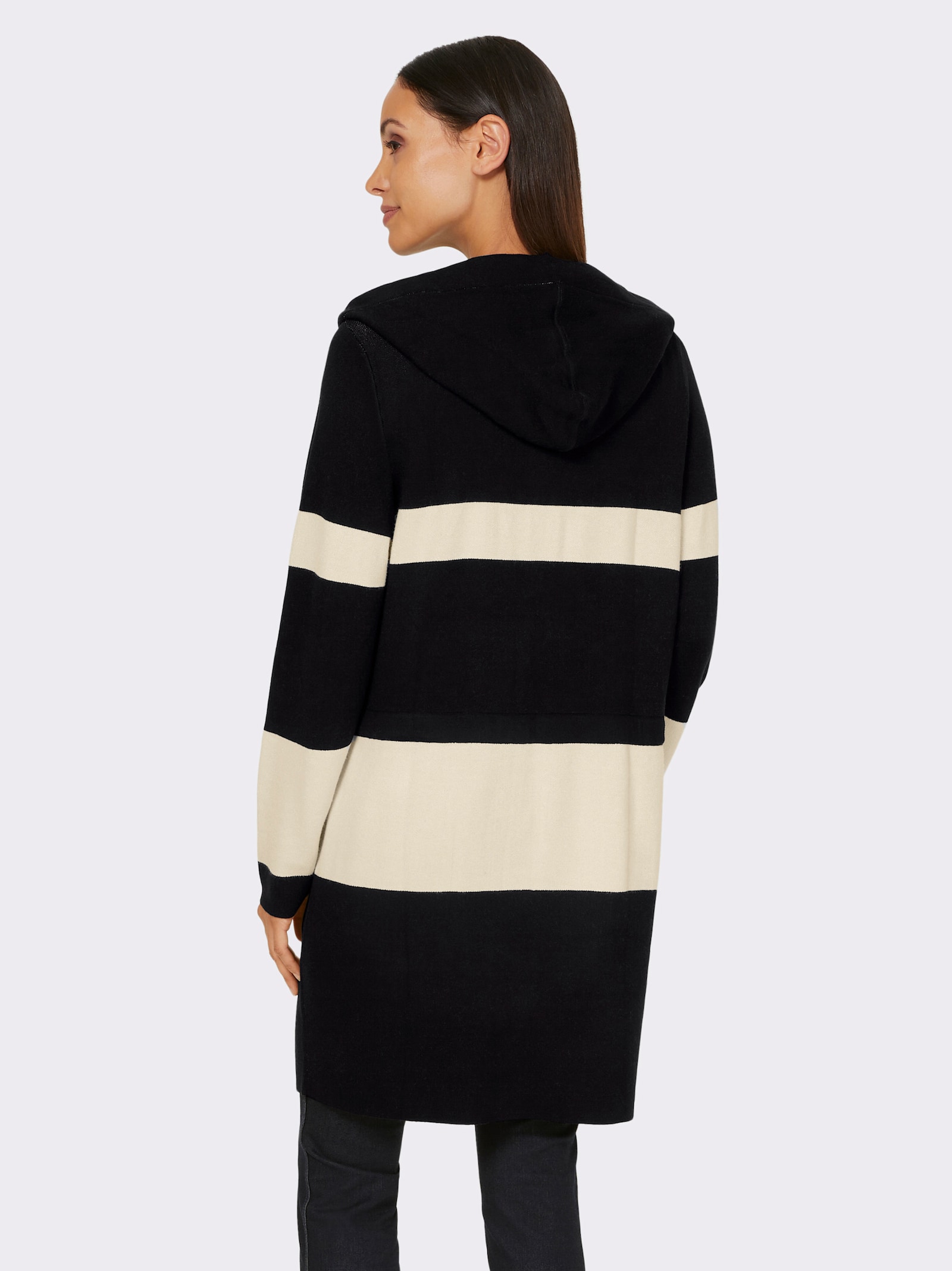 heine Kapuzenstrickjacke mit 2-Wege-Reißverschluss - elfenbein-schwarz-gemustert