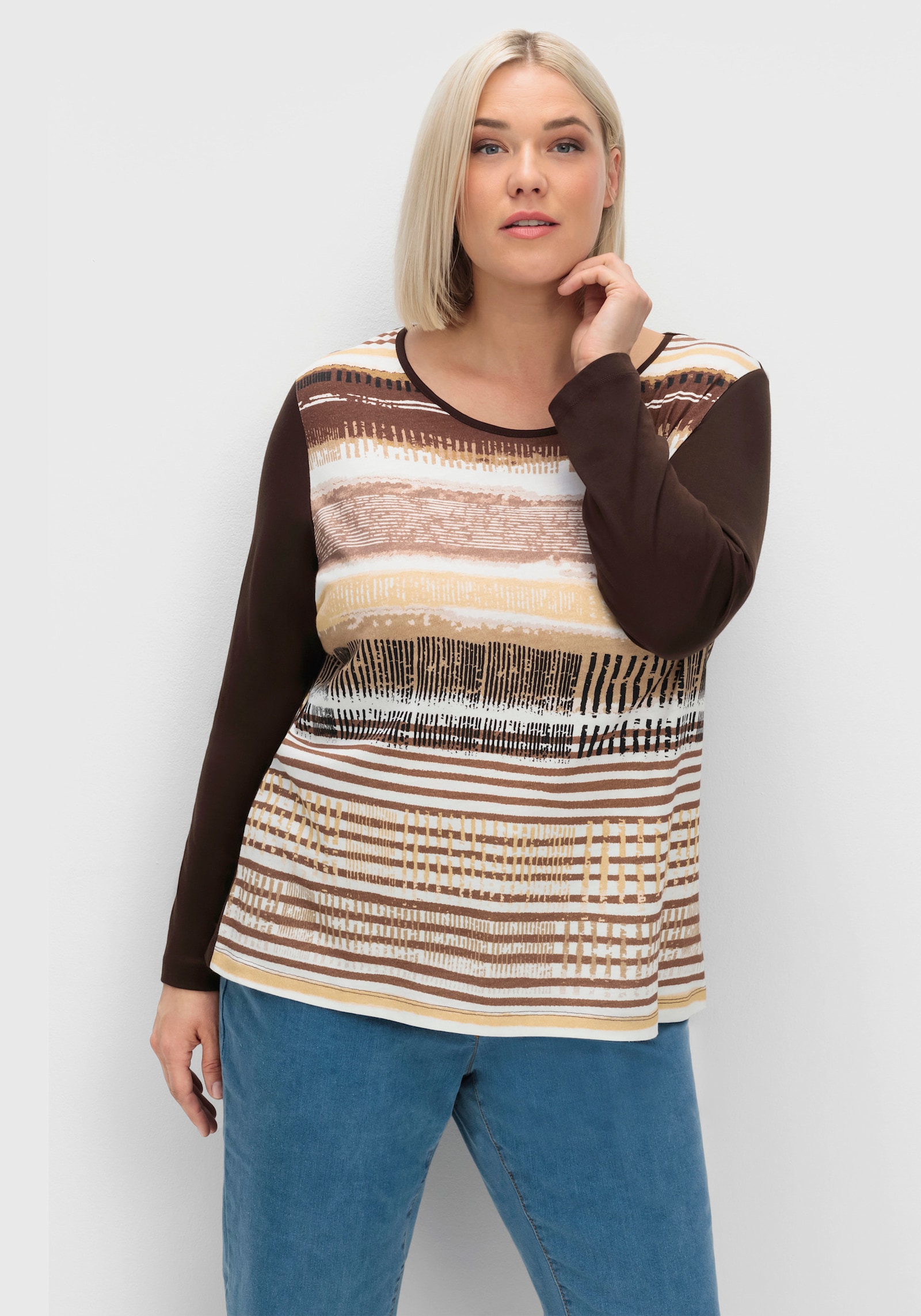 Langarmshirt mit grafischem Muster vorne - mokka-gestreift