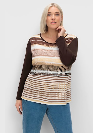 Langarmshirt mit grafischem Muster vorne - mokka-gestreift