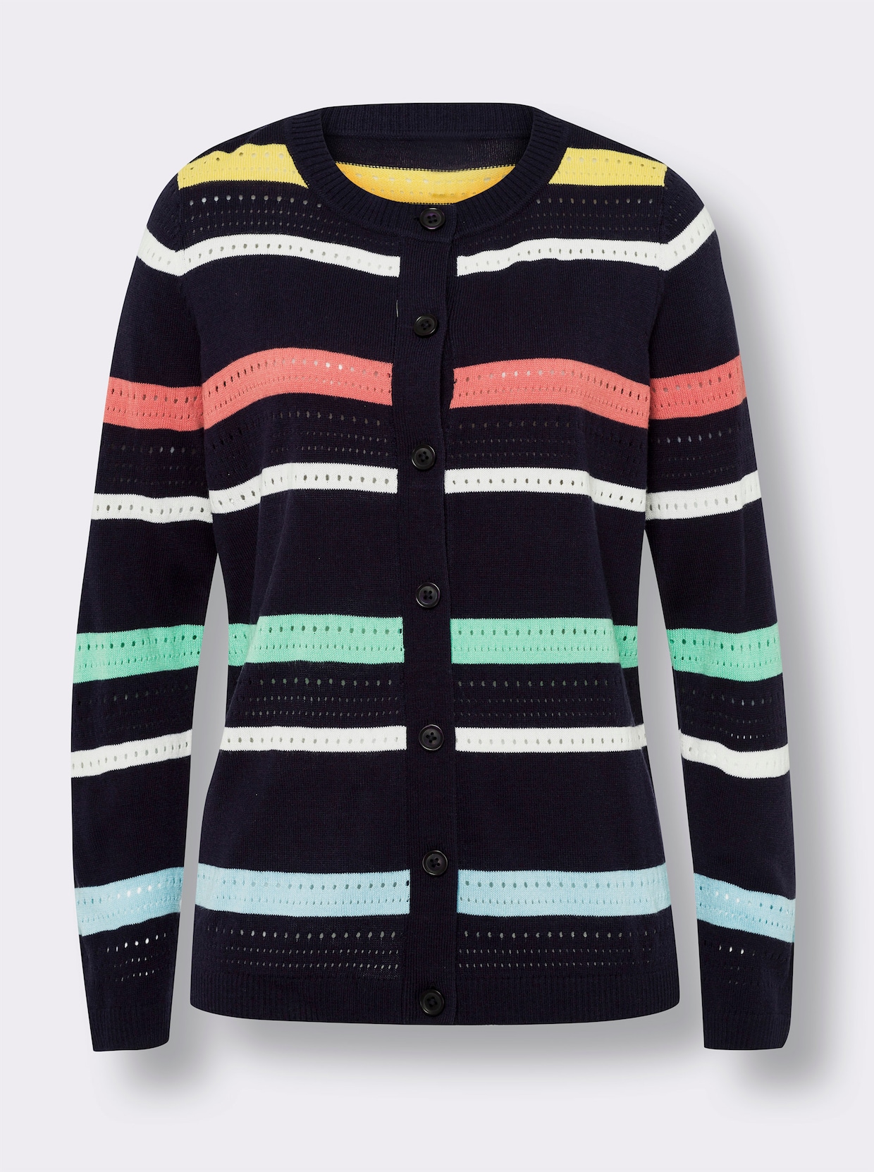 Ajourstrickjacke - marine-grapefruit-geringelt