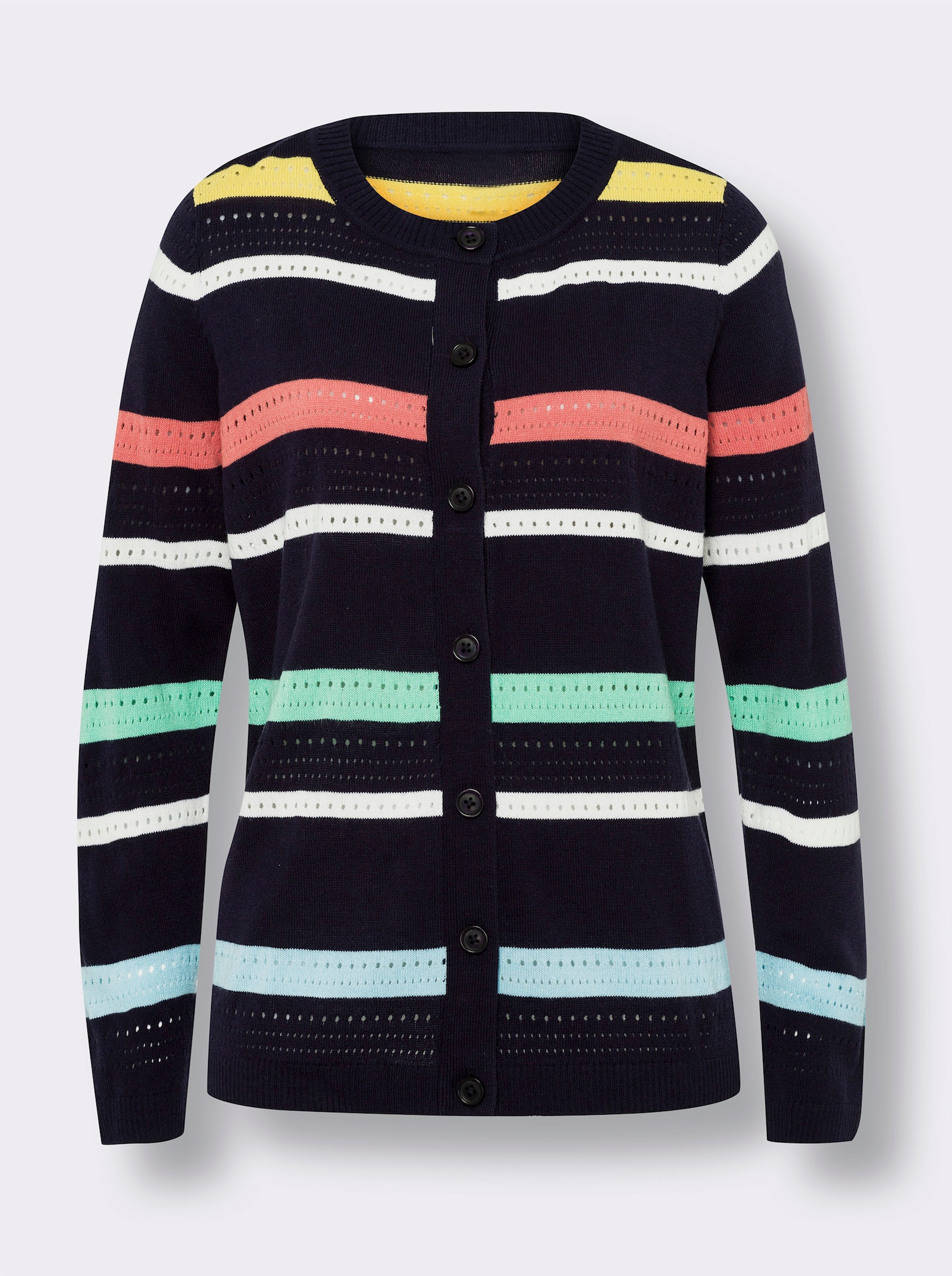 Ajourstrickjacke im Streifen-Muster - marine-grapefruit-geringelt