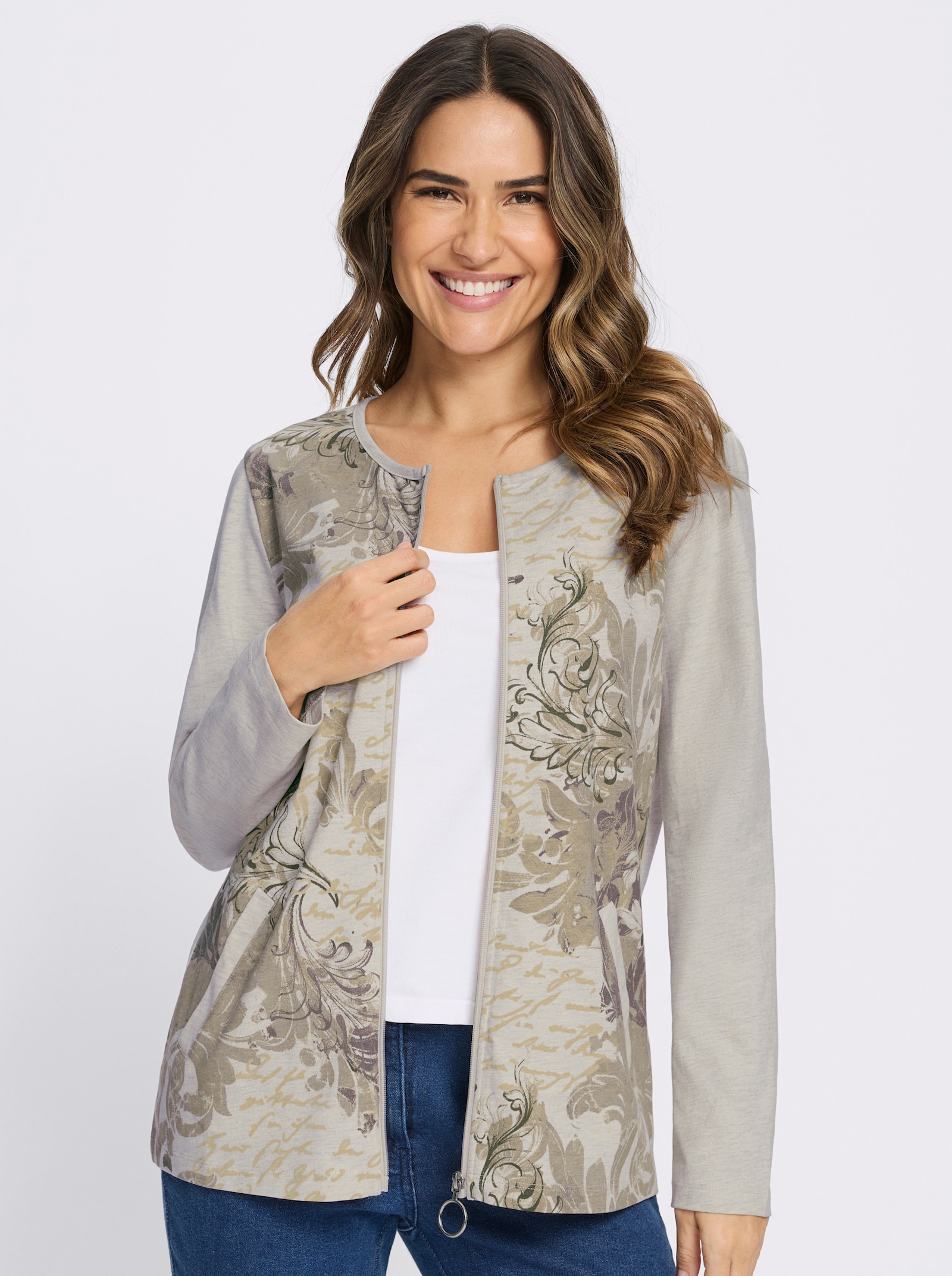 Shirtjacke in Melange-Optik, bedruckt - beige-meliert-sesam-bedruckt