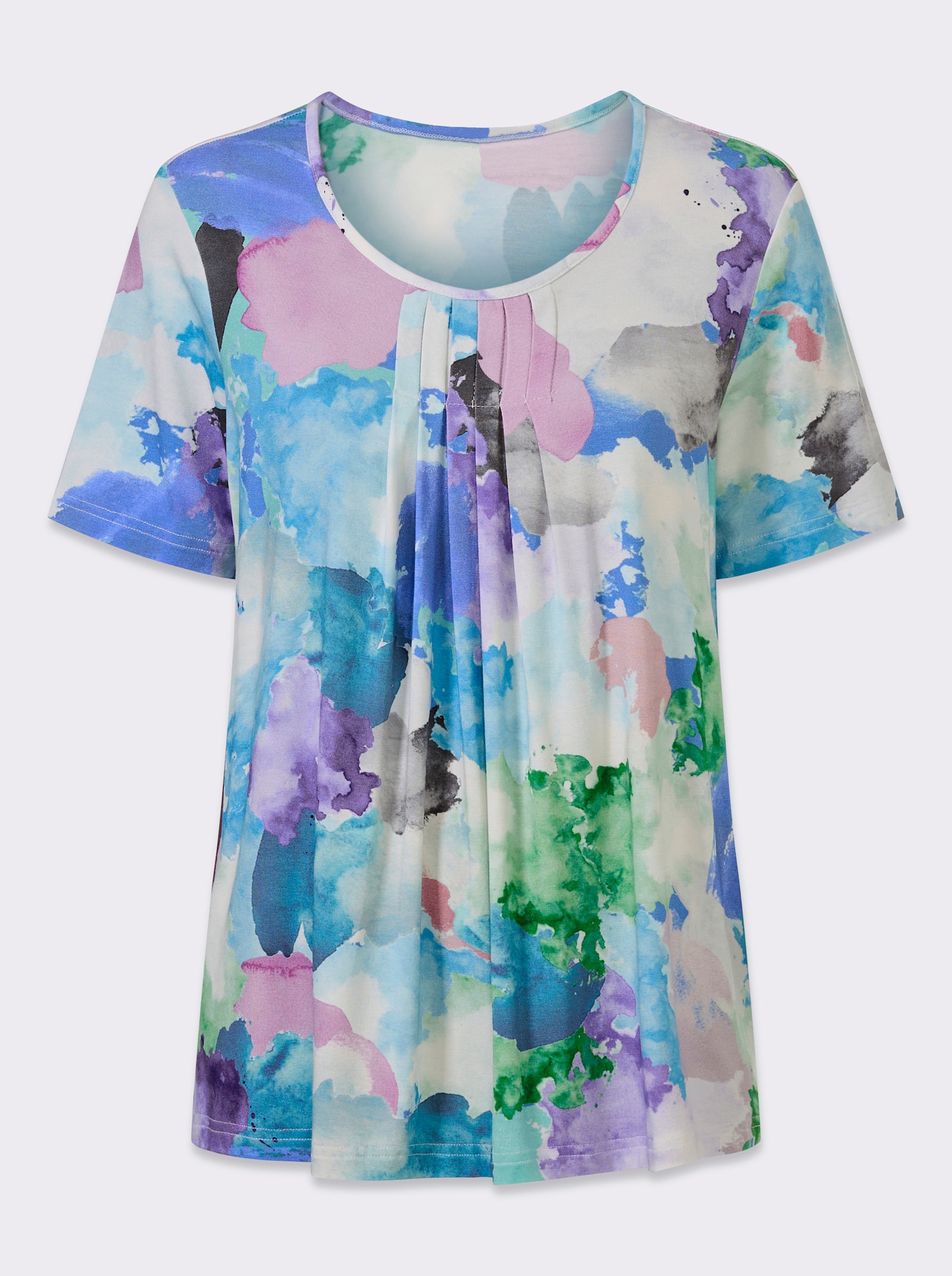 Kurzarmshirt mit Faltenpartie am Ausschnitt - eisblau-rosé-bedruckt