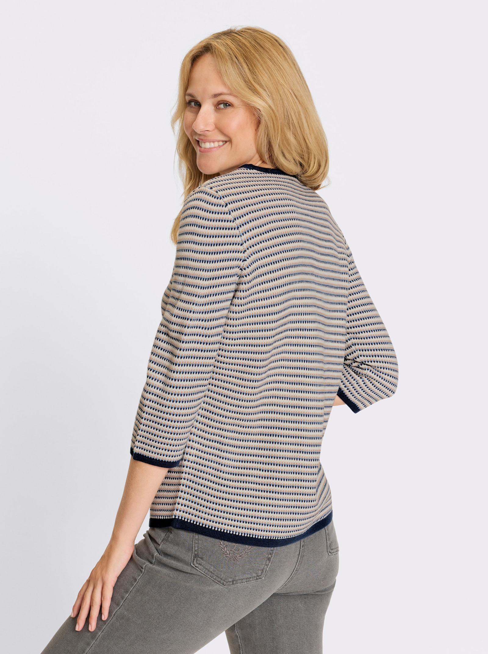 Jacquard-Pullover mit 3/4-Ärmeln - ecru-dunkelblau-gemustert