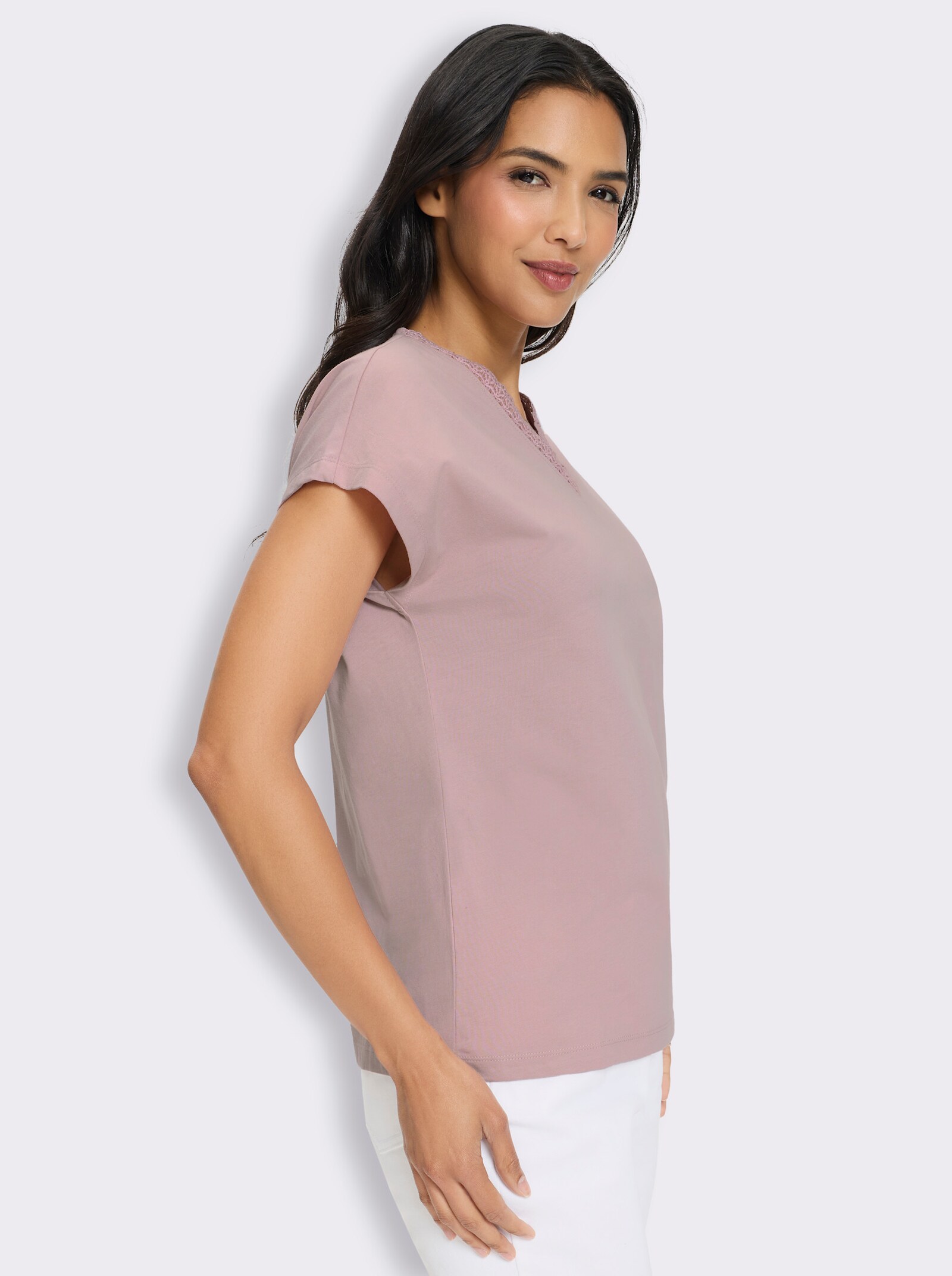 Kurzarmshirt mit Spitze am V-Ausschnitt - mauve