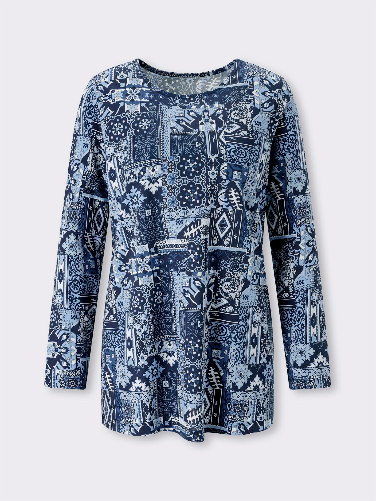 Longshirt mit Patchwork-Druck - marine-himmelblau-bedruckt