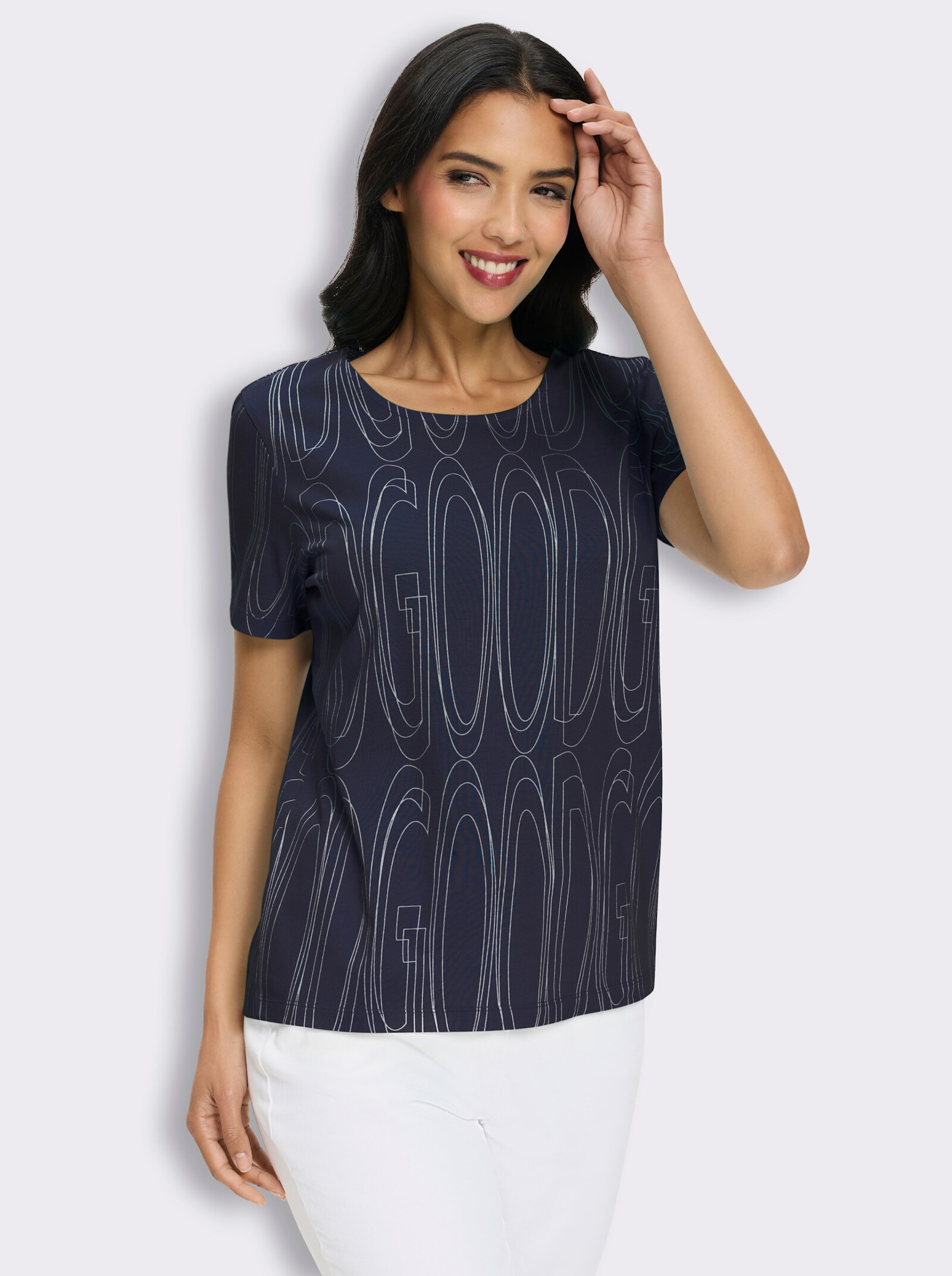Kurzarmshirt mit Allover-Druck - marine-ecru-bedruckt