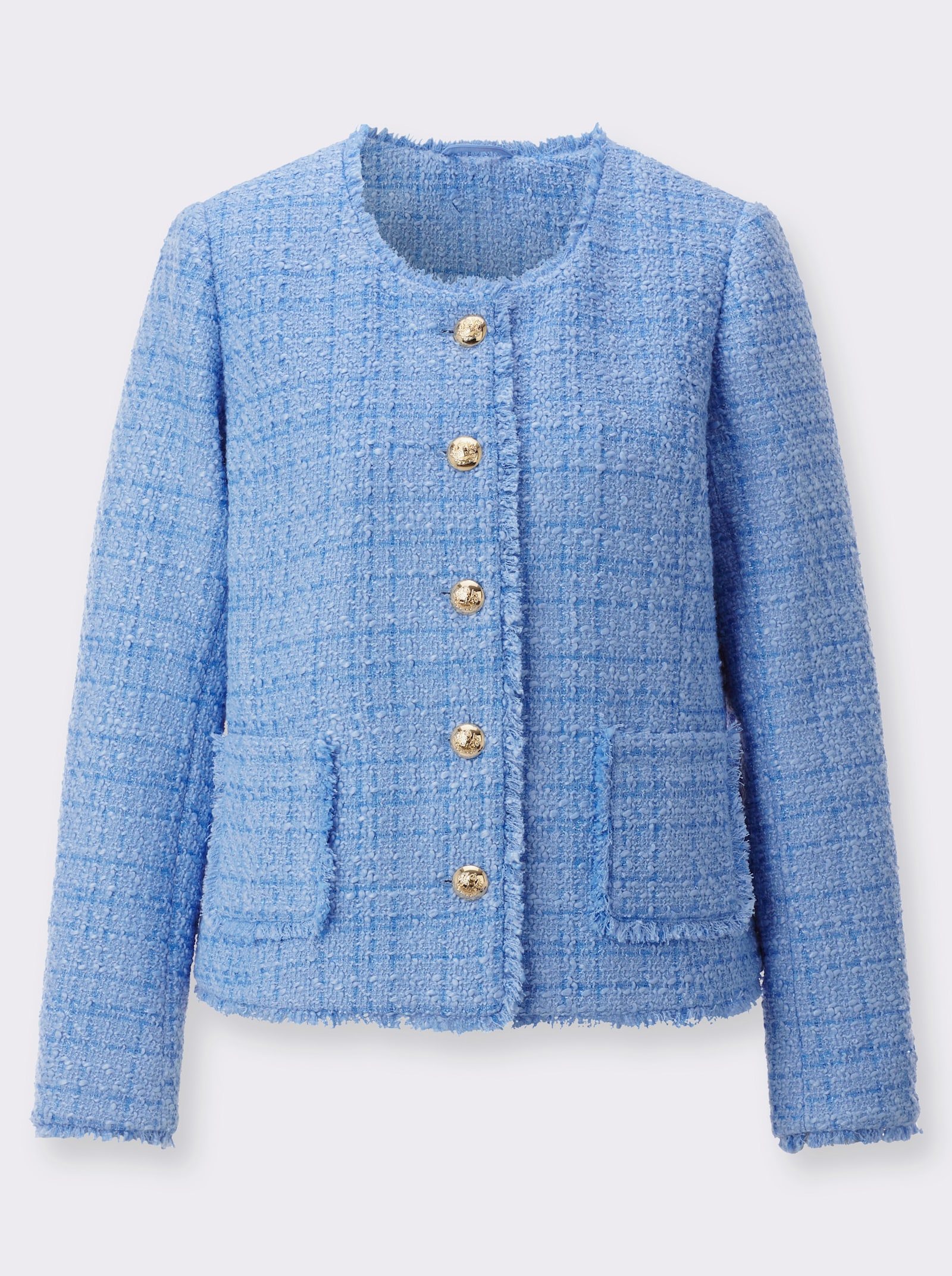 Bouclé-Blazer mit feinen Fransenkanten - himmelblau