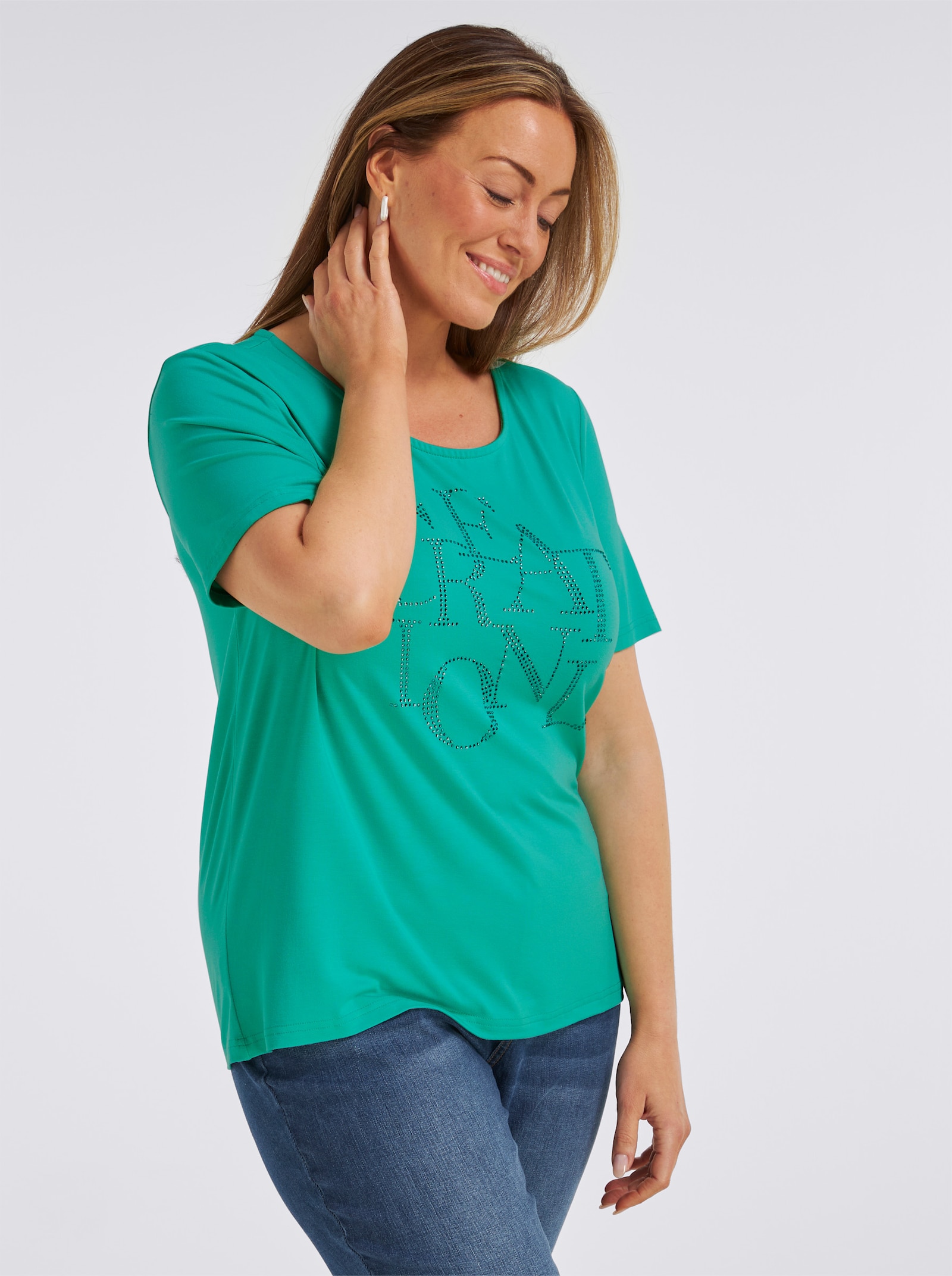 Kurzarmshirt mit Schriftzug aus Glitzersteinchen - blaugrün