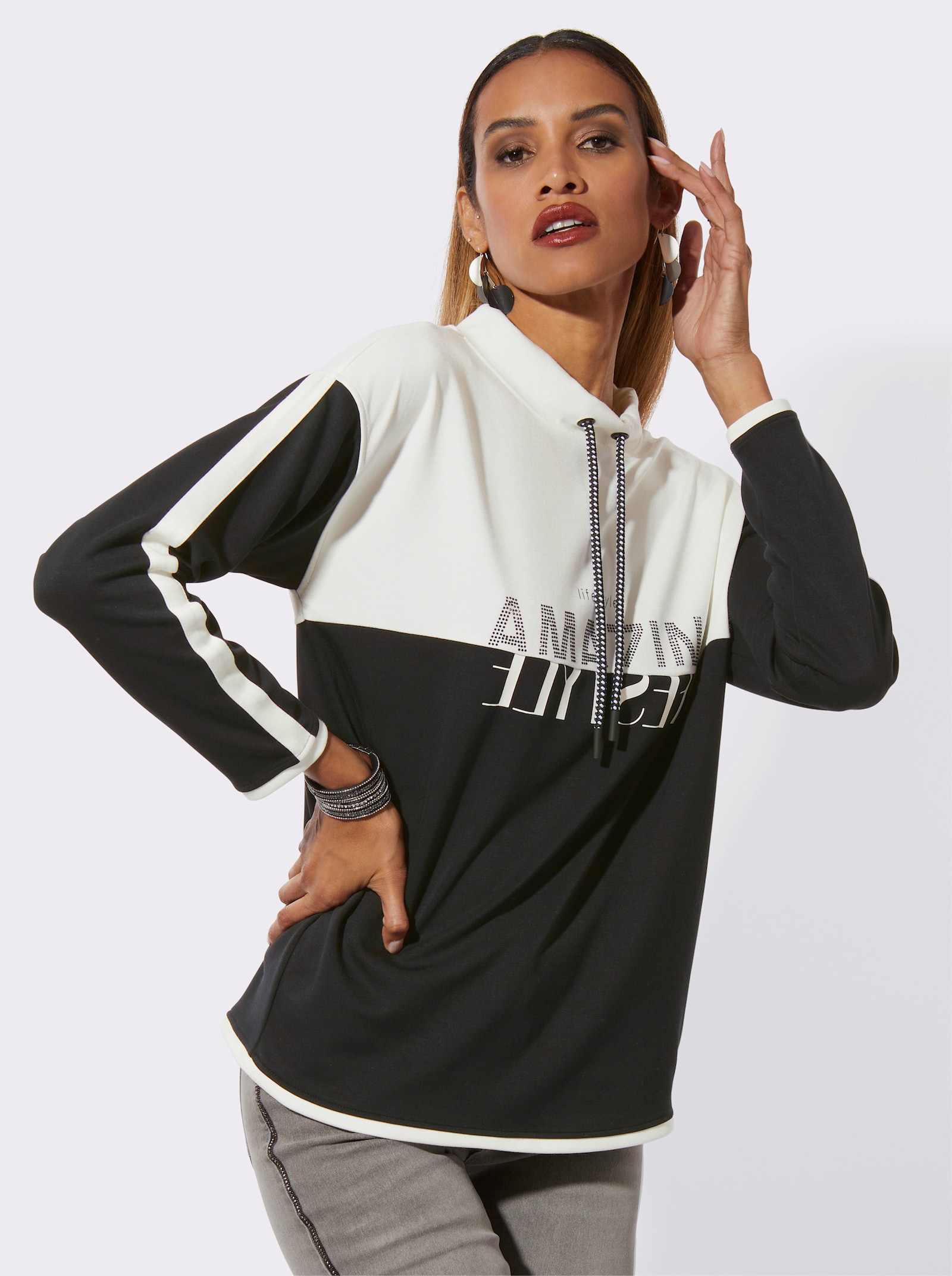 Sweatshirt mit Ziersteinchen - schwarz-ecru