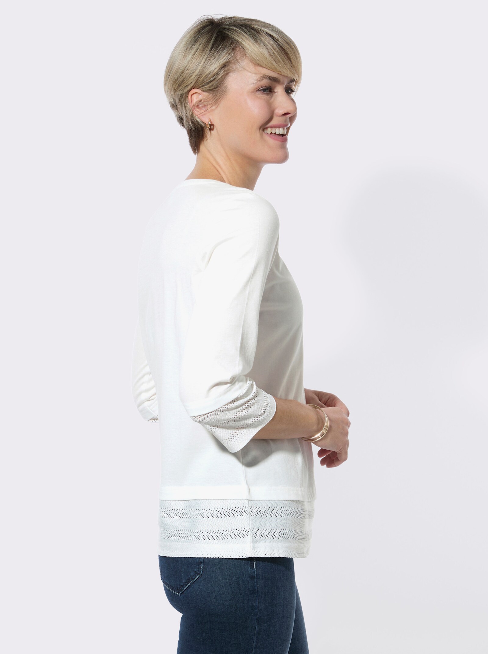 Rundhalsshirt mit Netzeinsätzen - ecru