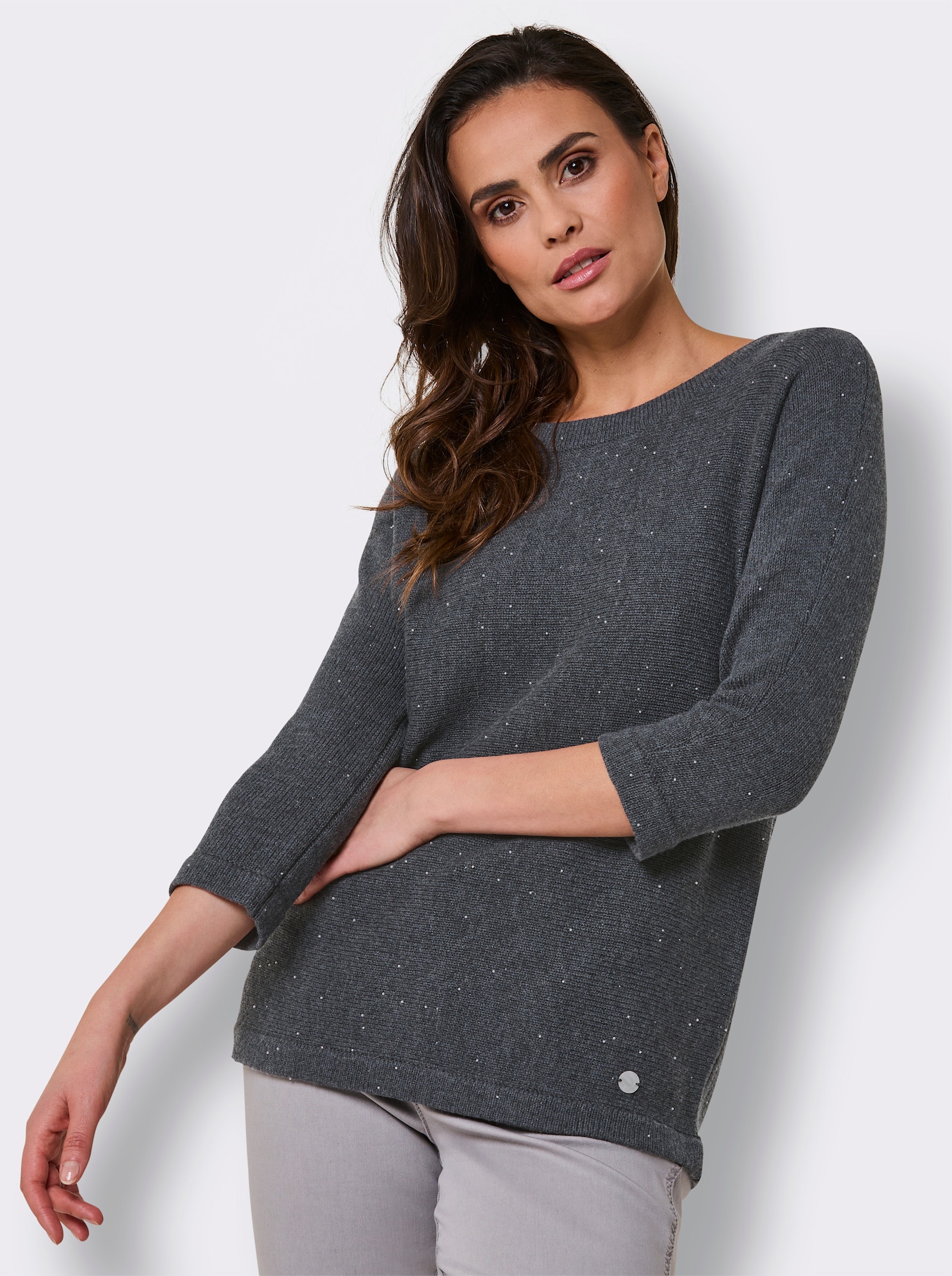 CREATION L PREMIUM Langarm-Pullover mit 10% Kaschmir und Zierperlen - anthrazit