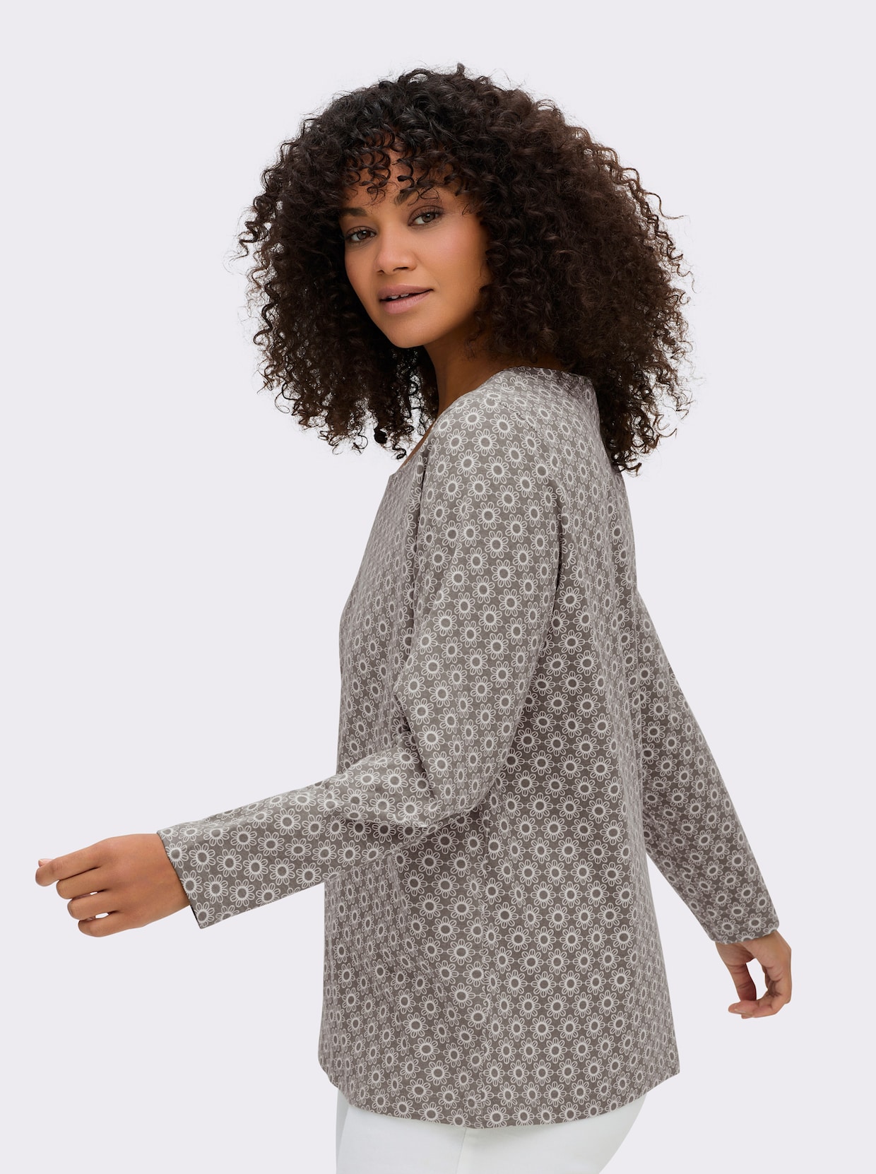 Langarmshirt im Minimal-Dessin - taupe-ecru-bedruckt
