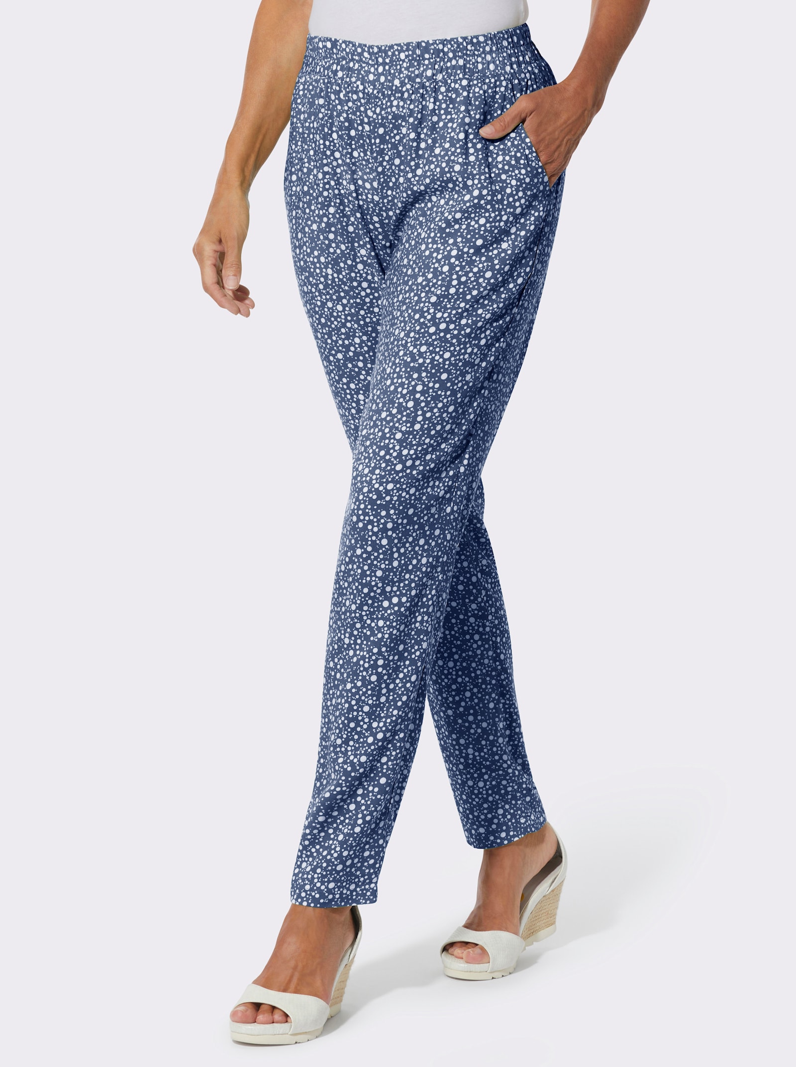 Schlupfhose mit Dehnbund - jeansblau-weiß-bedruckt